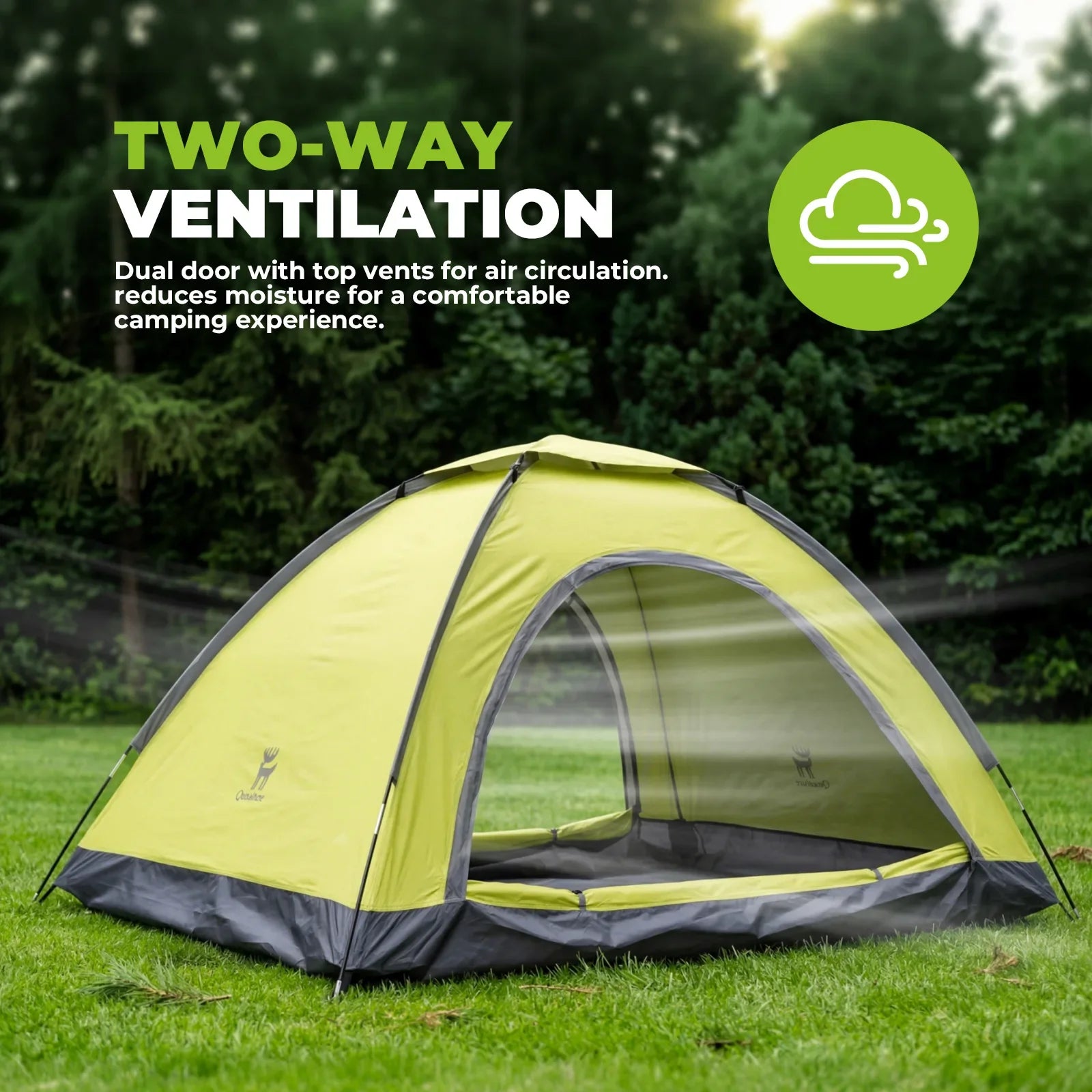 Green camping tent with two-way ventilation feature on a grassy