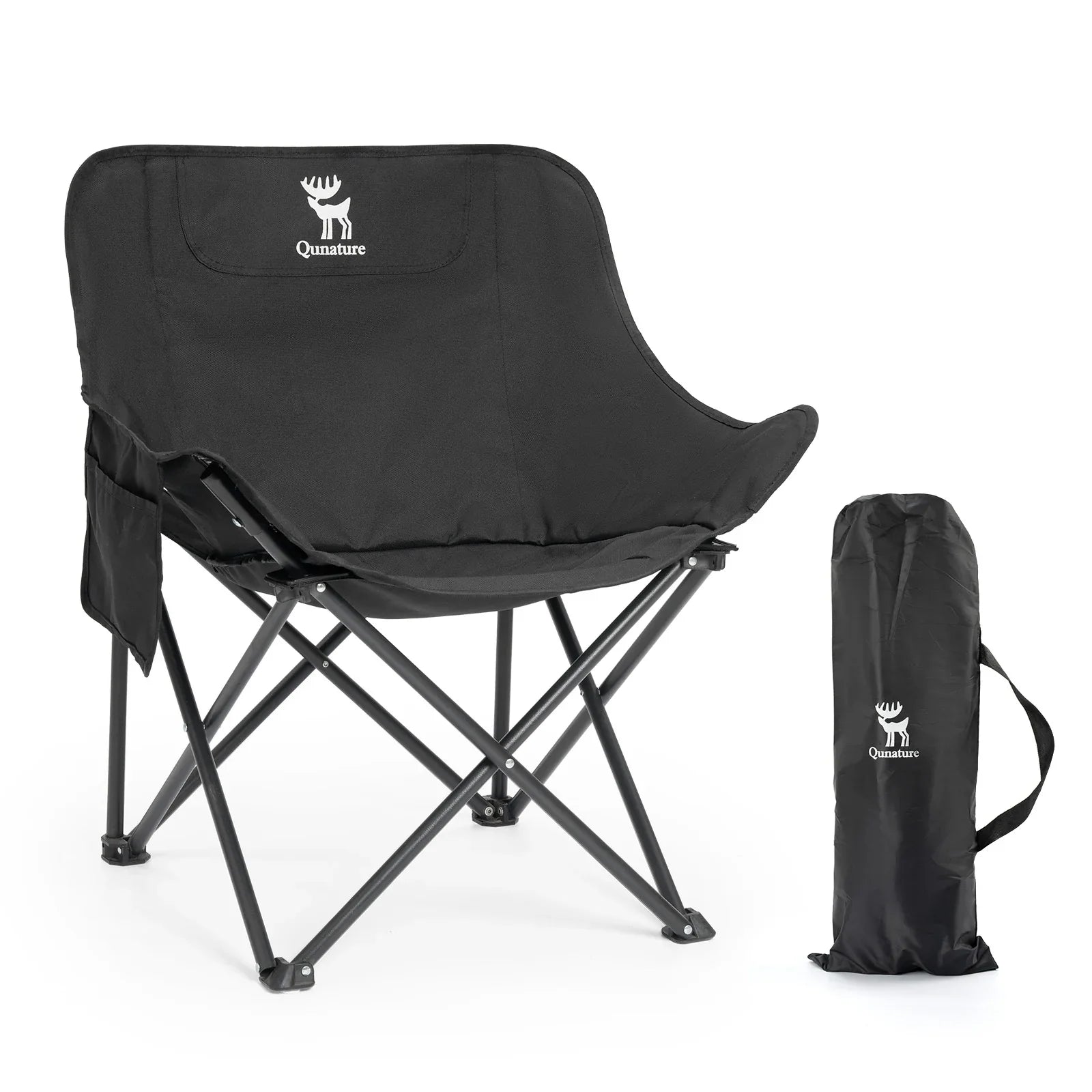 Black camping chair with carrying bag on a white background #version_Adult color_black