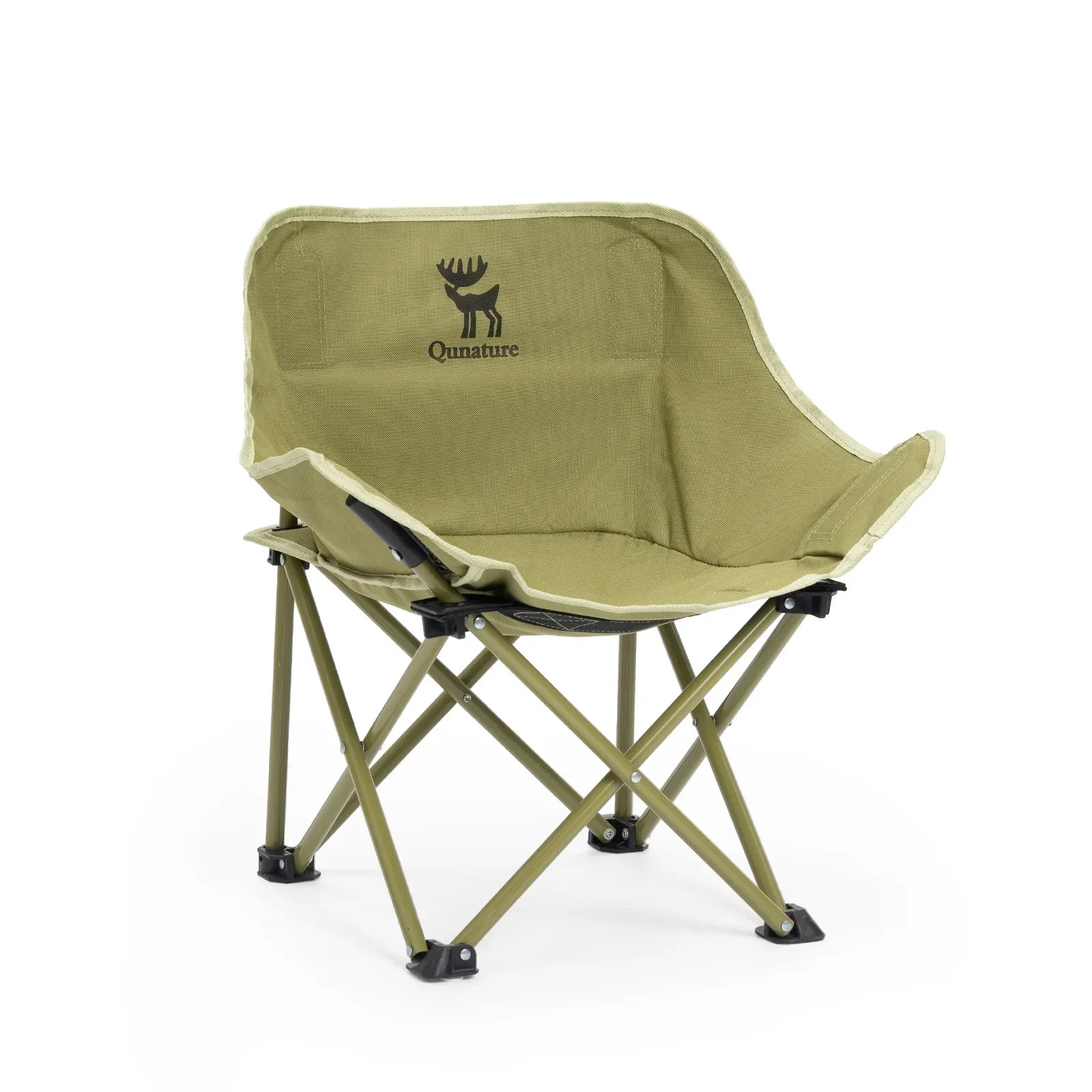 Green camping chair with a brand logo on a white background #version_kids color_green
