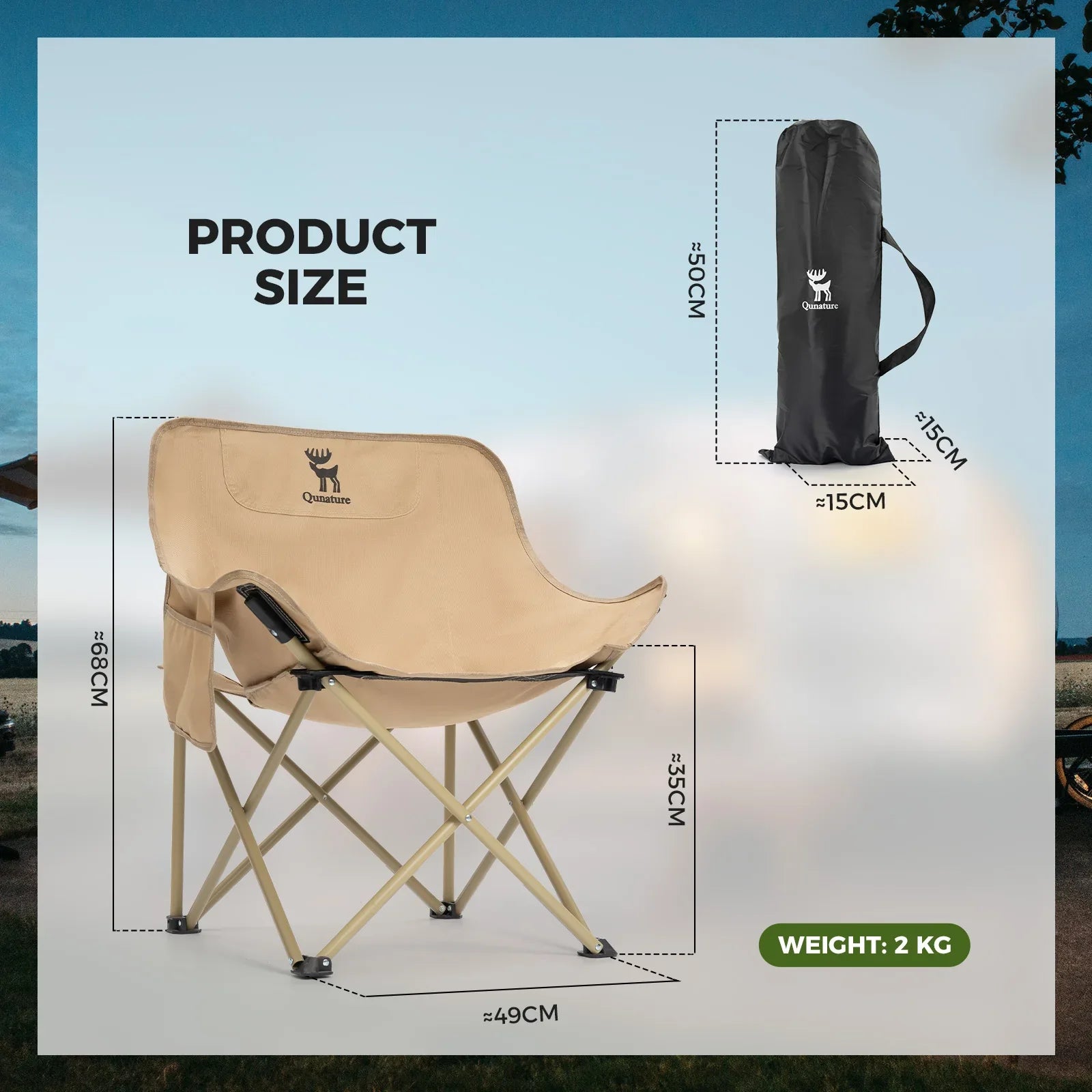 Beige folding chair with dimensions and carrying bag on a light blue background #version_Adult