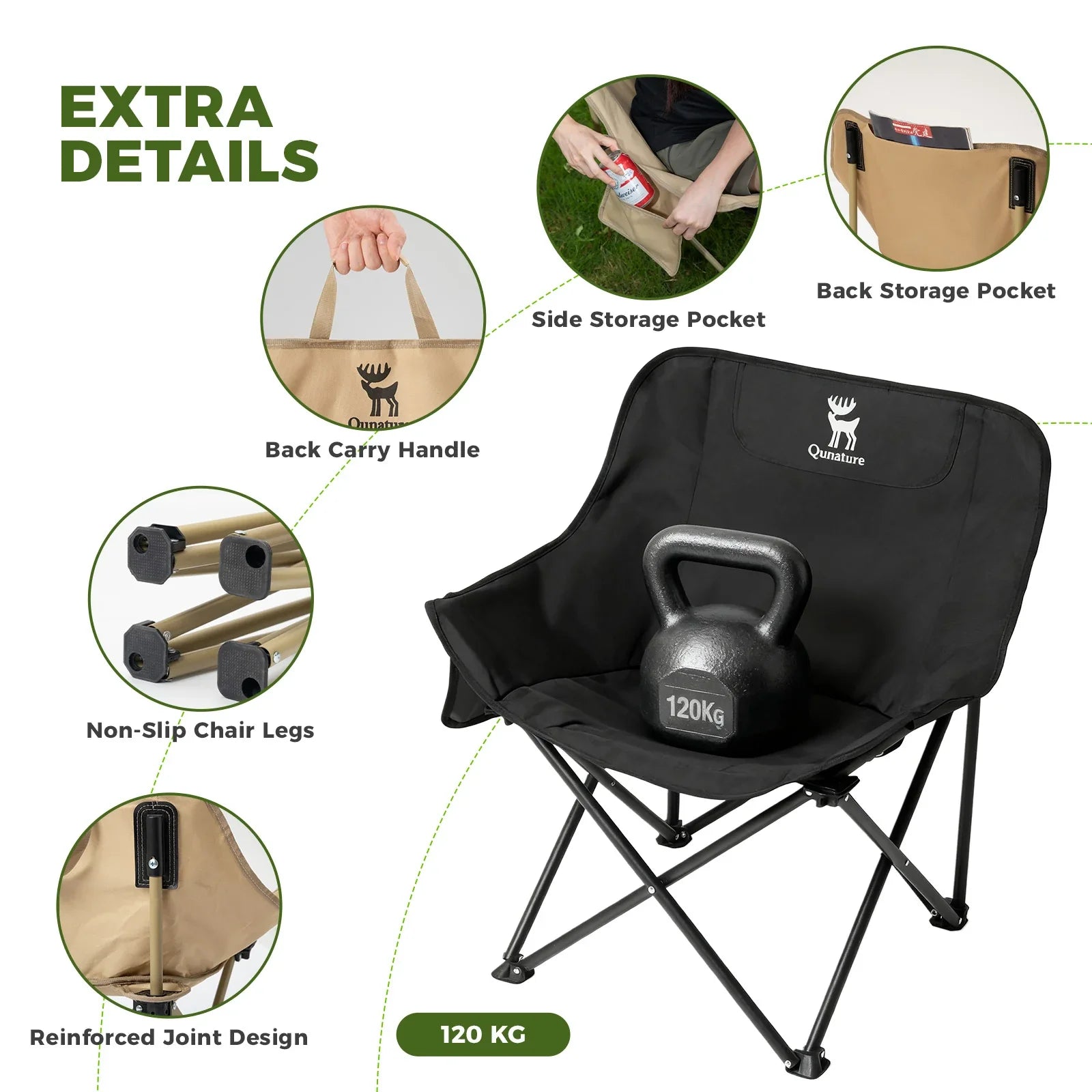 Black camping chair with features highlighted on a white background #version_Adult