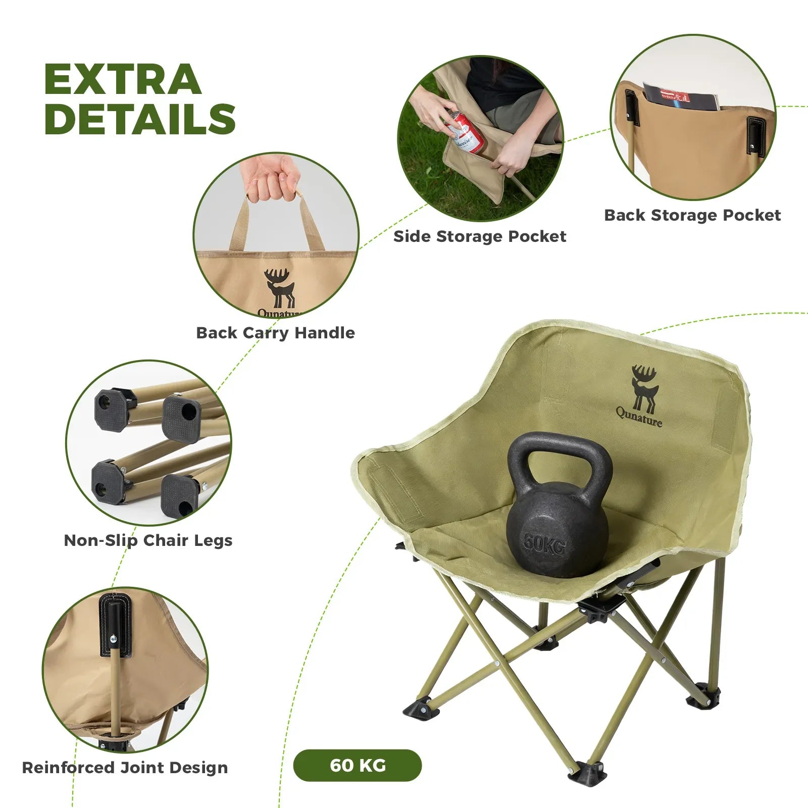 Olive green camping chair with features highlighted on a white background #version_kids