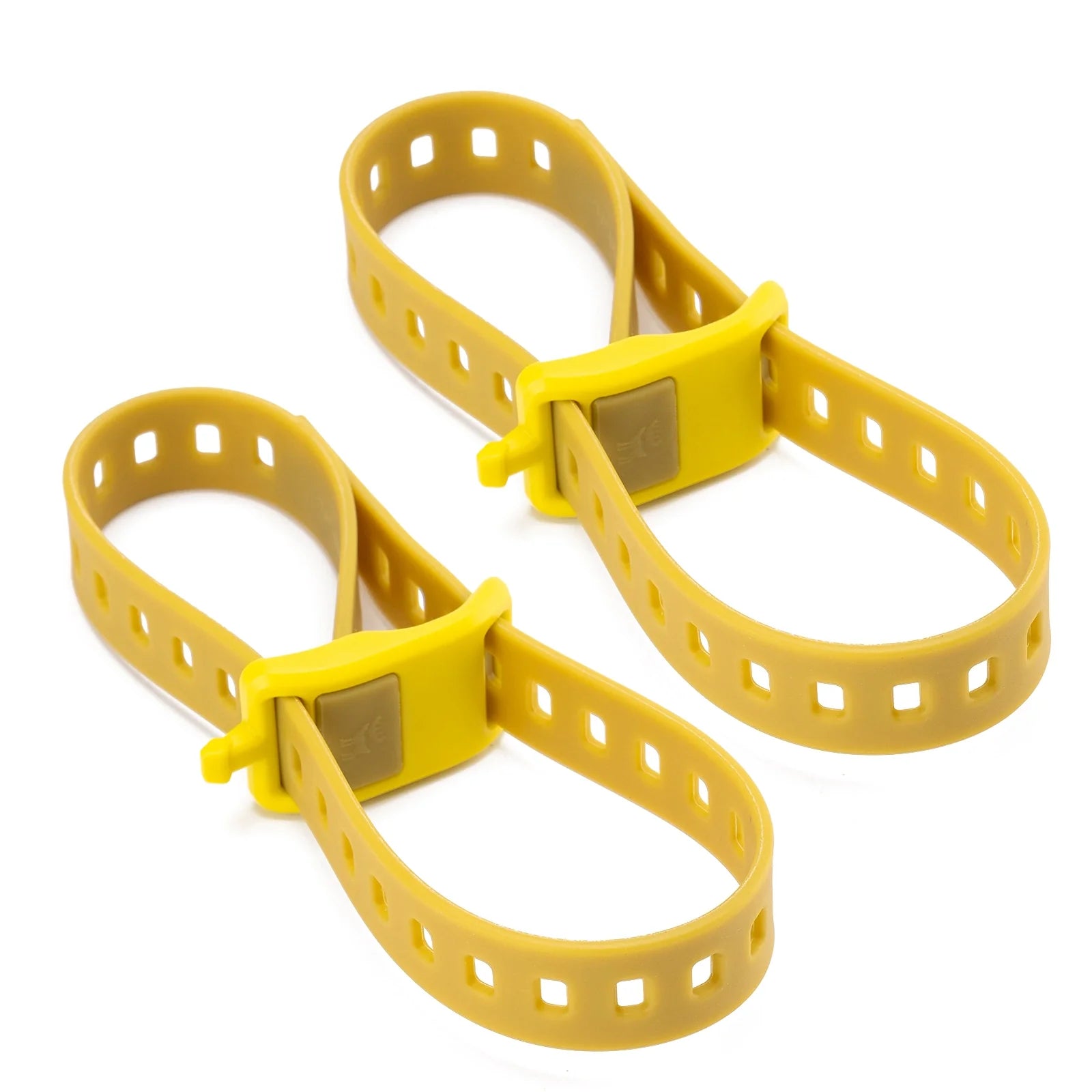 Two yellow plastic straps with metal clasps on a white background #color_yellow
