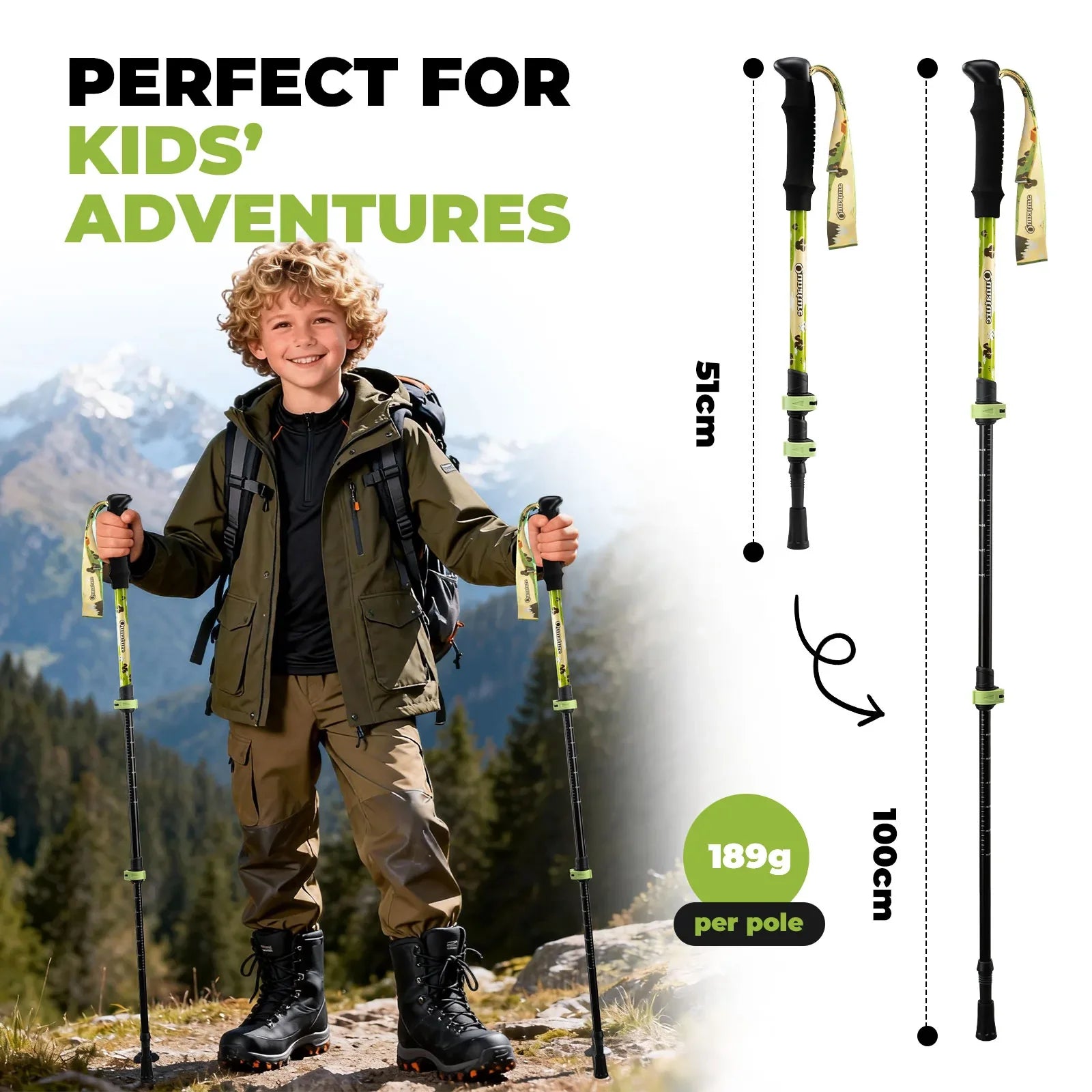 Child with hiking poles in a mountainous landscape, with product details on screen. #color_Yellow