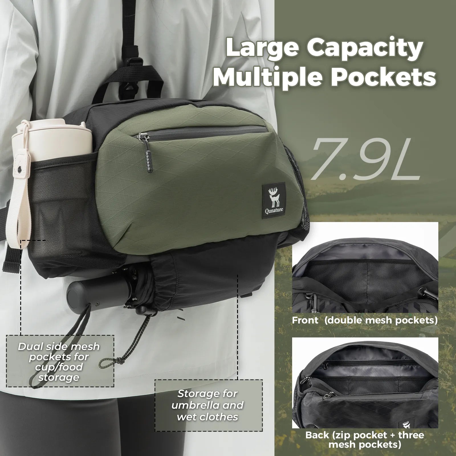 Green and black backpack with multiple pockets and storage features on a gray background