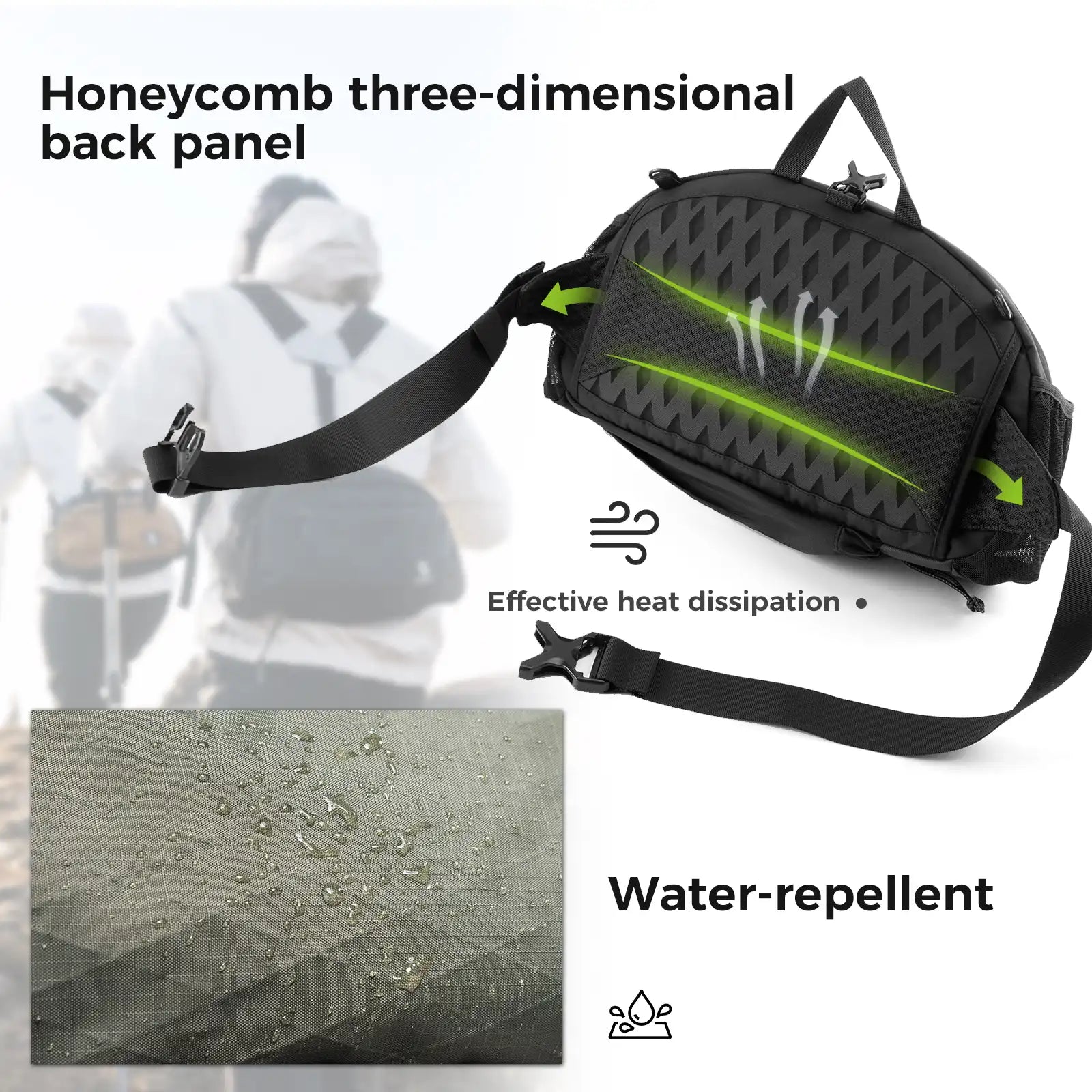 Black waist bag with honeycomb design, effective heat dissipation, and water-repellent features.