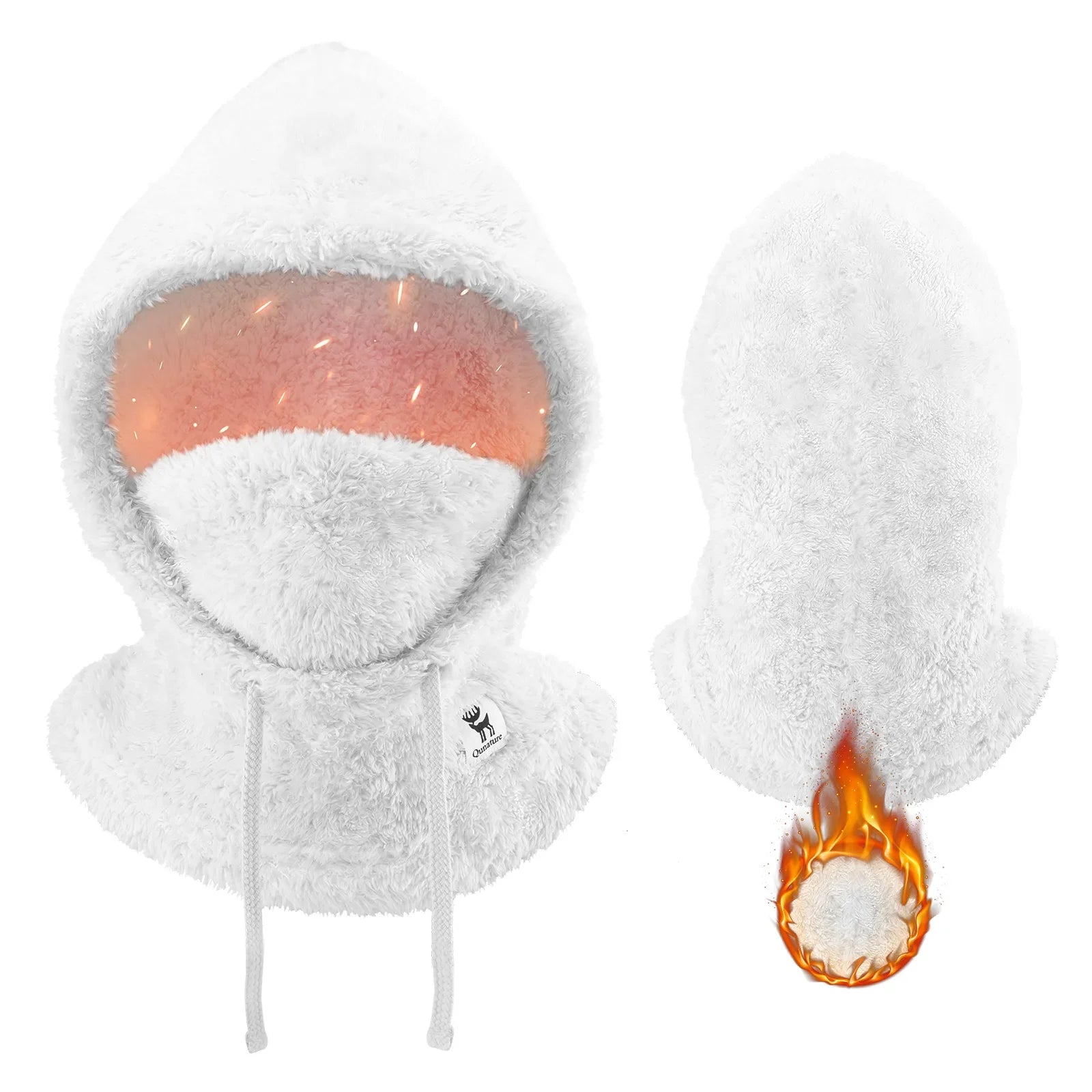 White fleece hood with a brand logo on a white background #color_White