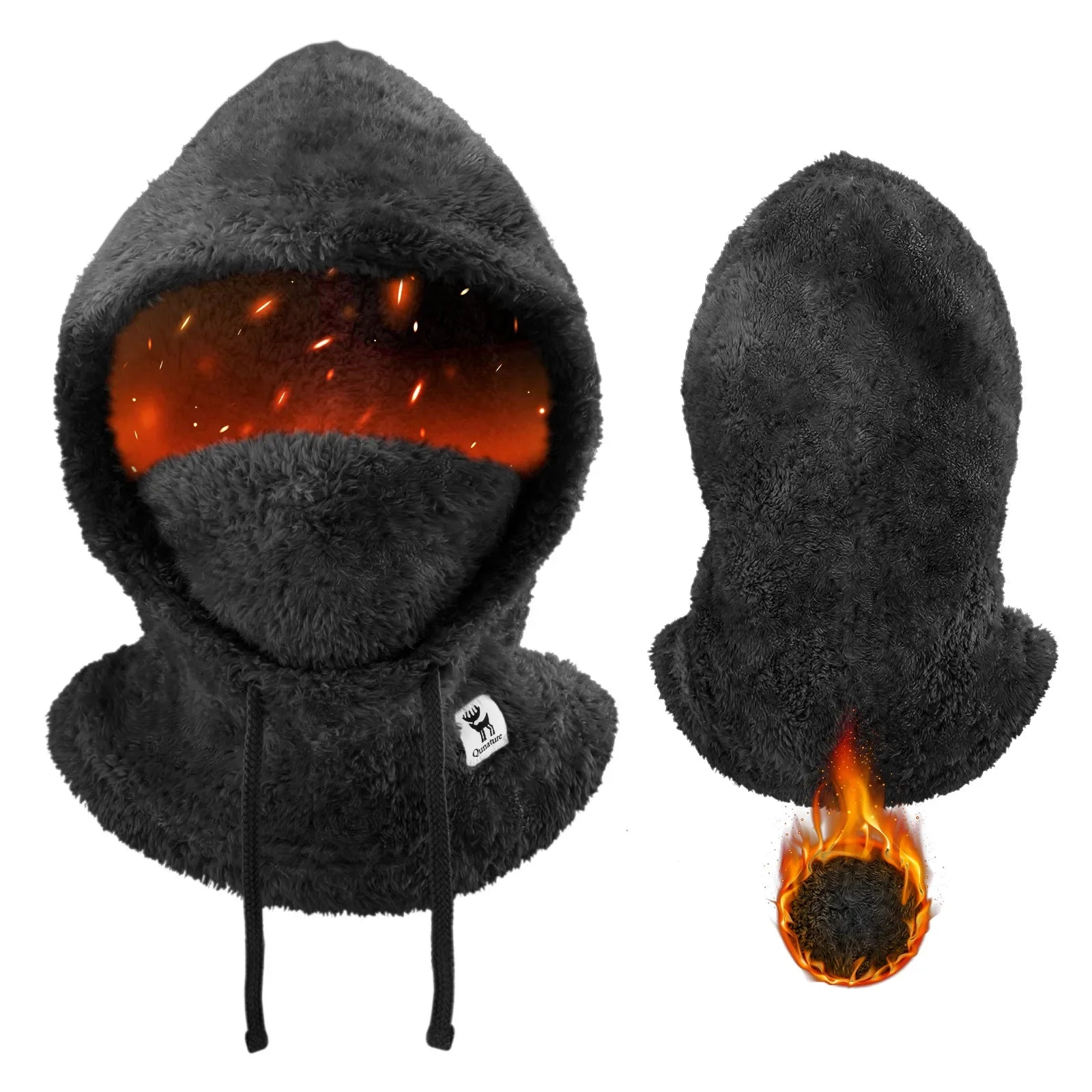 Black fleece hood with a brand logo on a white background #color_Black