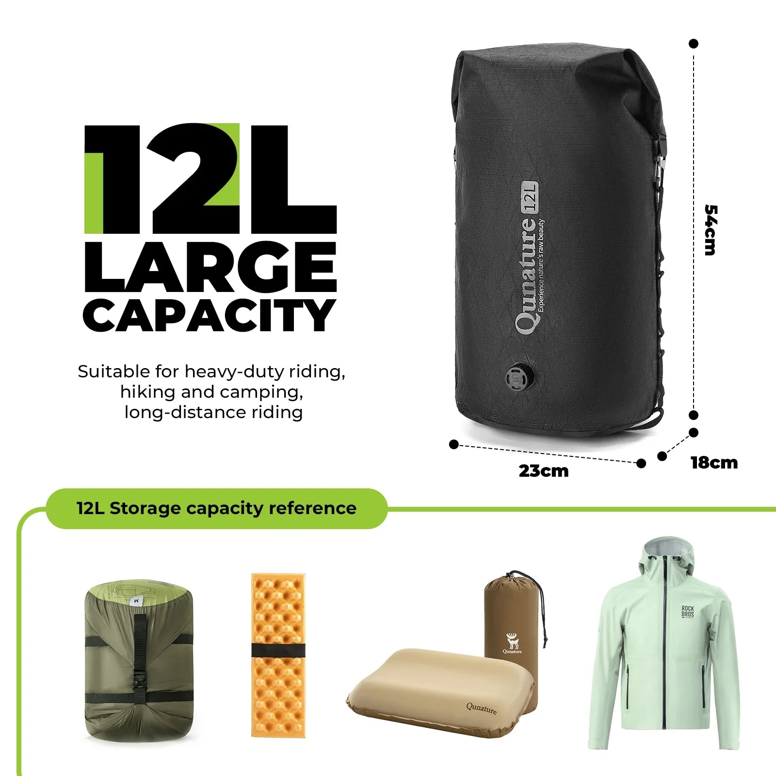 Black Qunature backpack with dimensions and capacity details on a white background #color_black size_12L