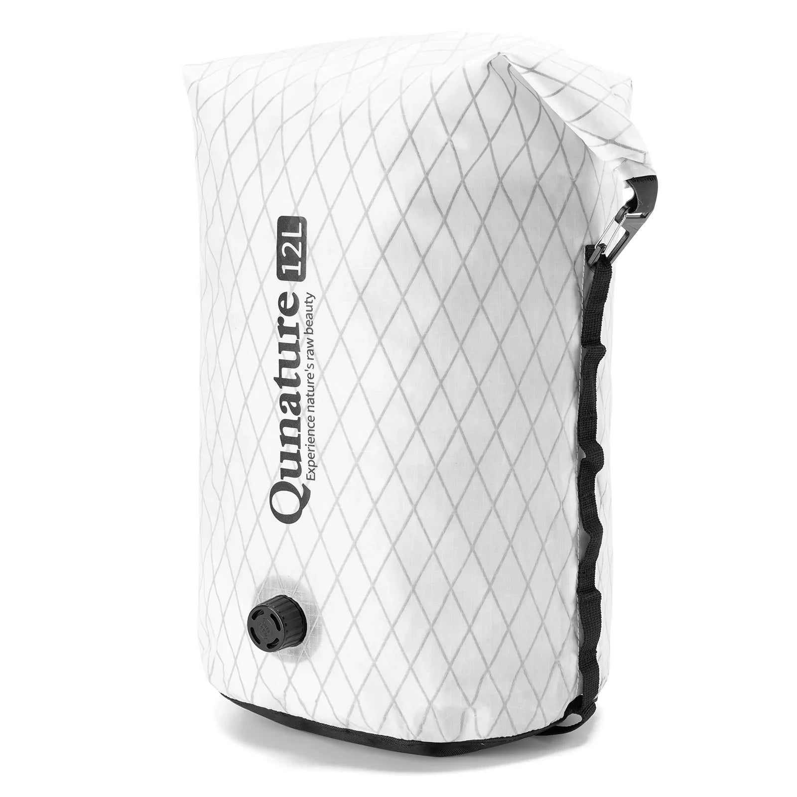 White inflatable bag with black text and design on a white background