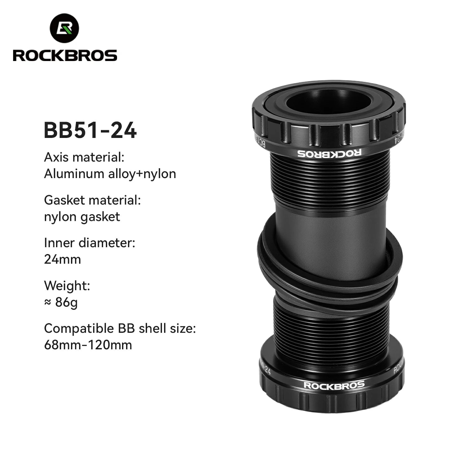 RockBros BB51-24 bicycle bottom bracket with specifications on a white background #Size_BB51-24