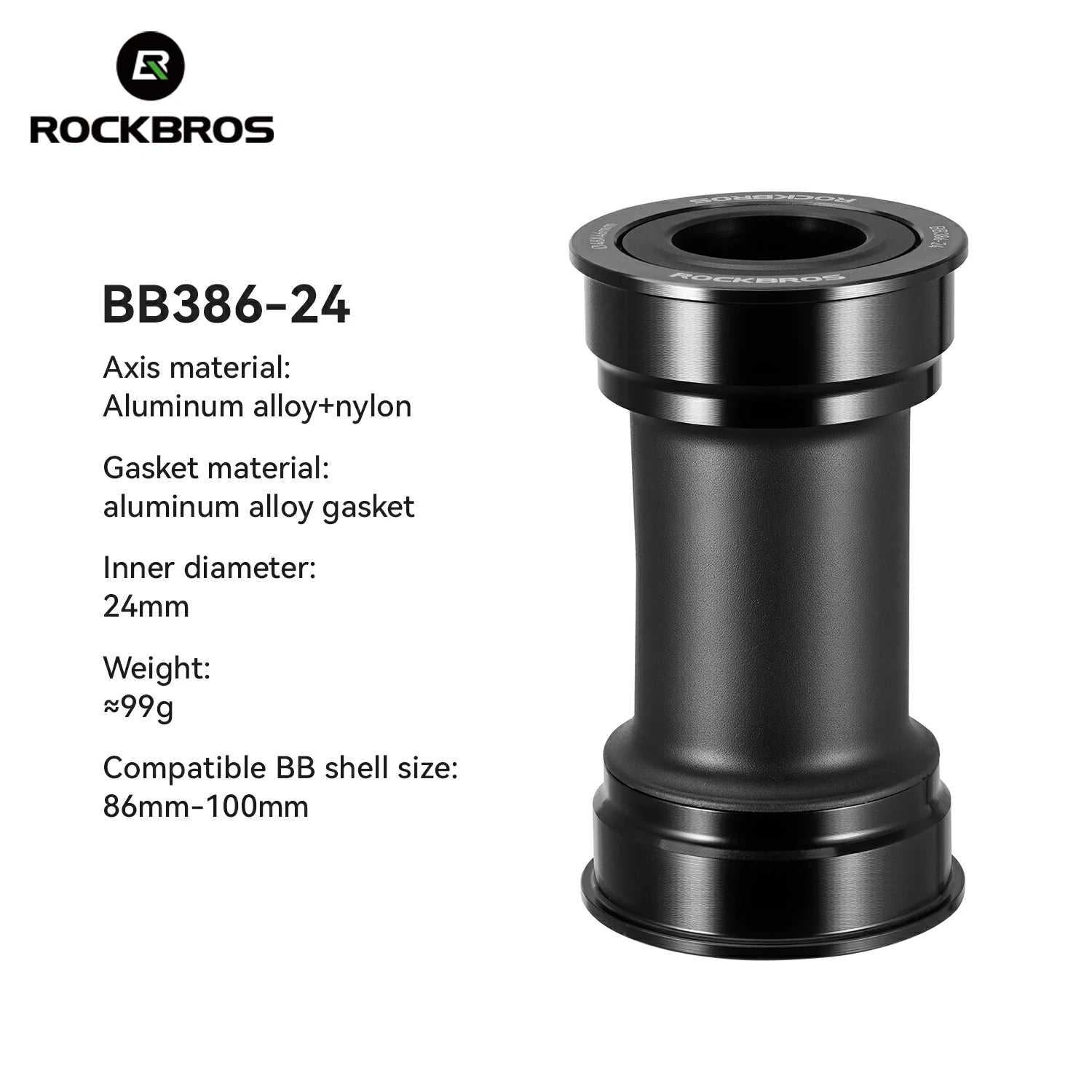 Black bicycle bottom bracket with specifications on a white background, featuring the RockBros brand. #Size_BB386-24
