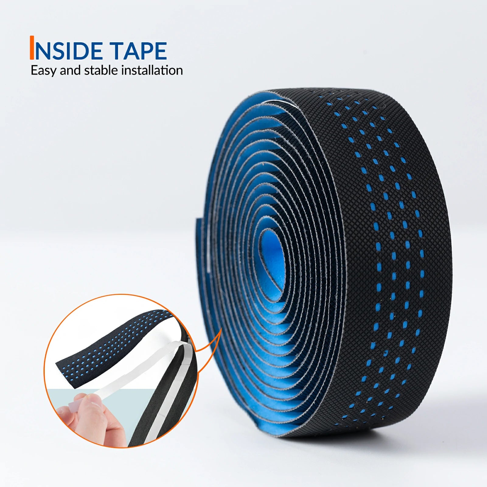 Roll of black tape with blue adhesive on a white background, featuring the brand 'Inside Tape'.