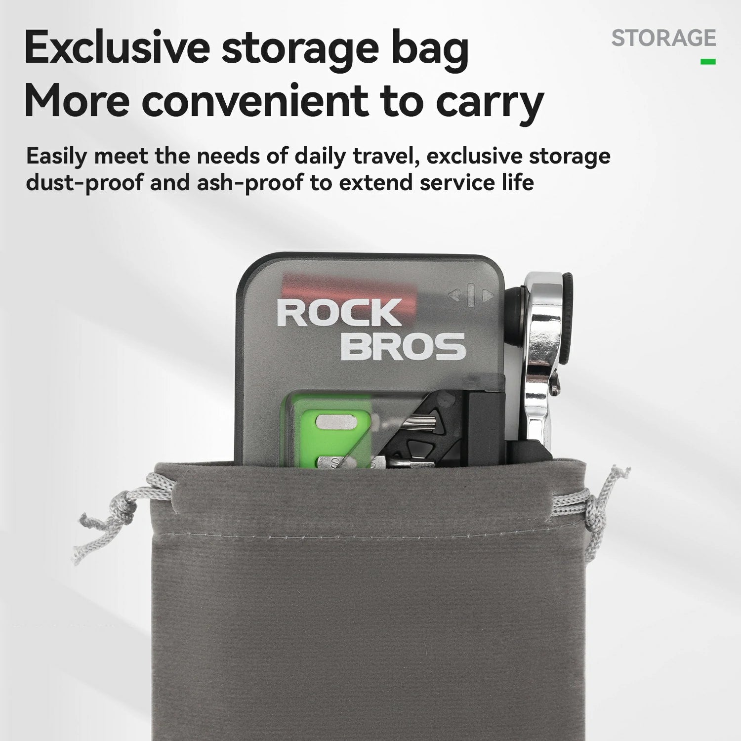 Gray storage bag with tools inside, featuring the brand 'RockBros'