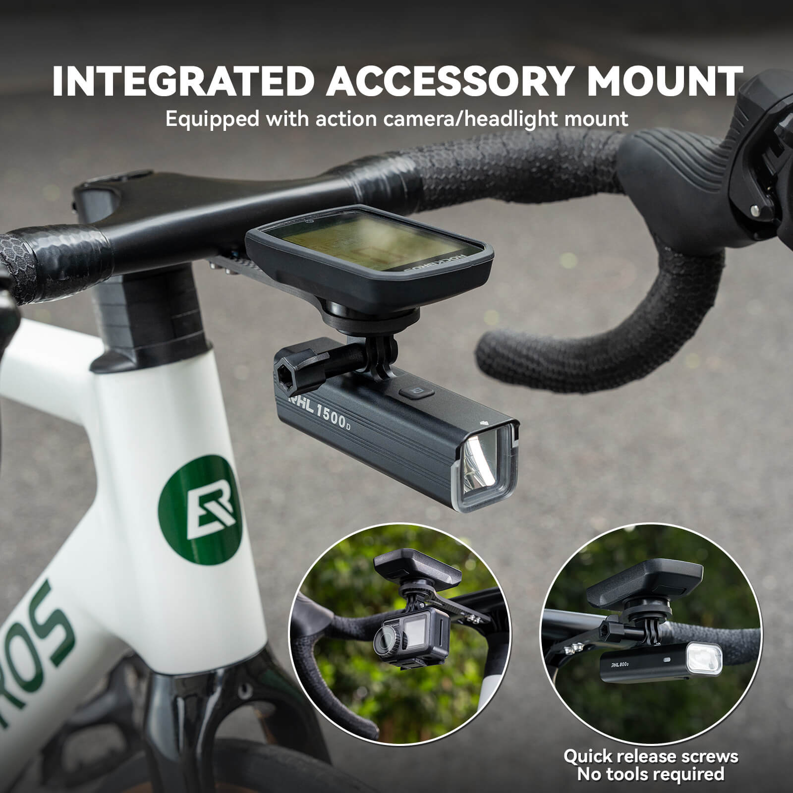 rockbros black nylon handlebar mount holding a cycling computer and front light on a road bike