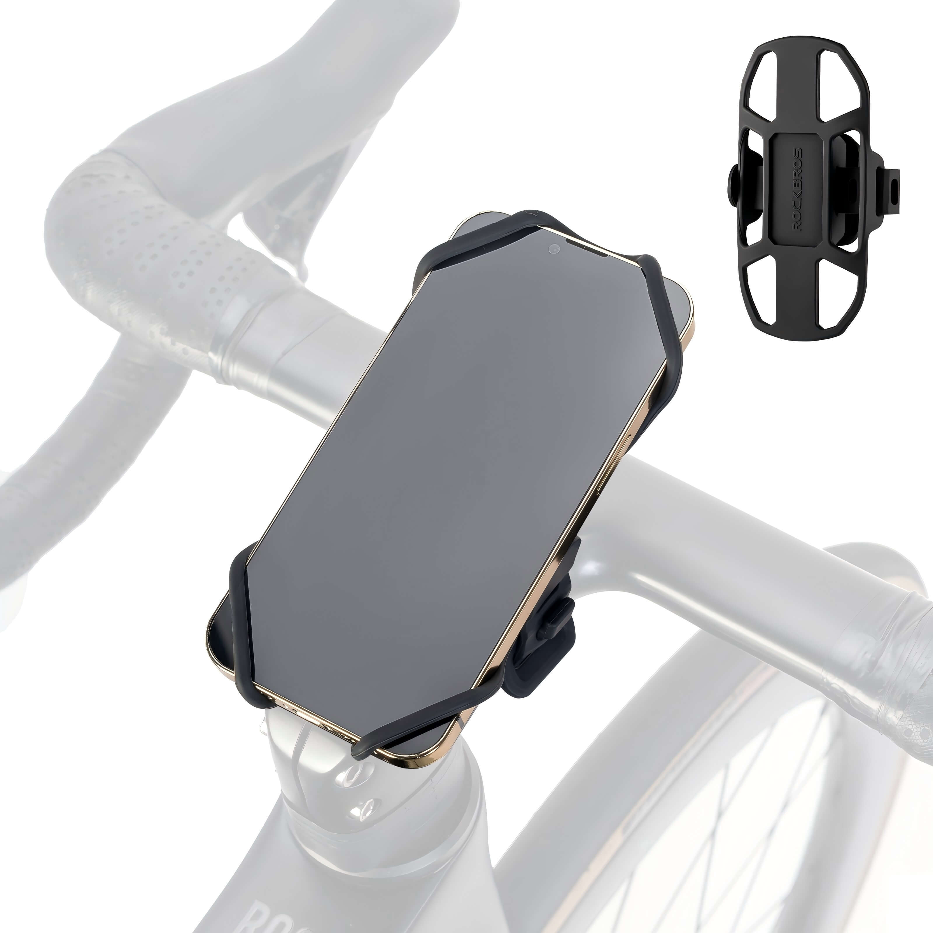 rockbros silicone bike phone mount with quick-release lever on handlebar