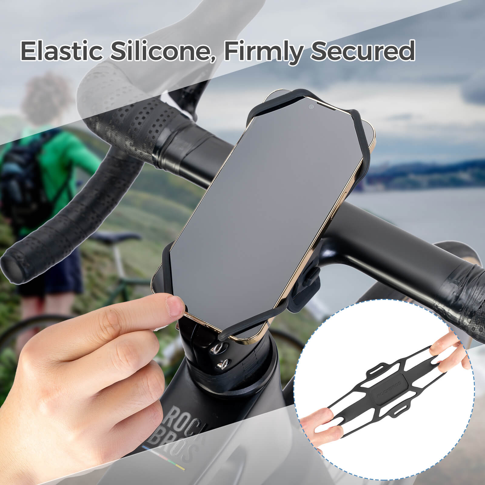 rockbros silicone bike phone mount with quick-release lever on handlebar