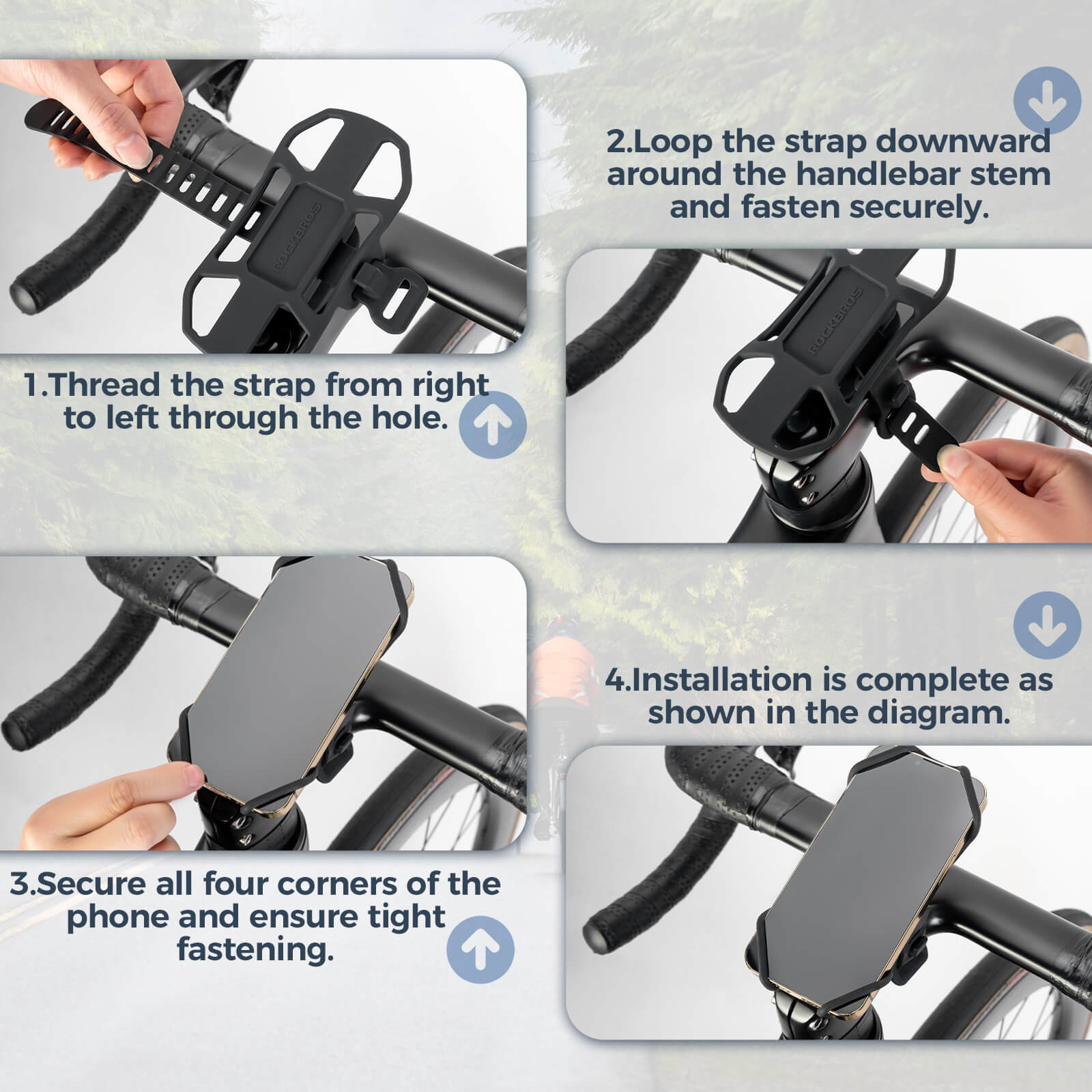 rockbros silicone bike phone mount with quick-release lever on handlebar