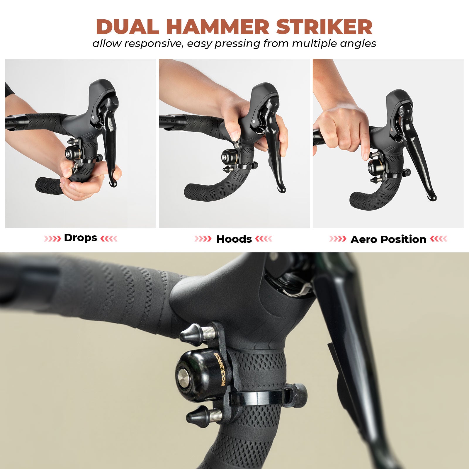 ROCKBROS dual hammer bike bell with loud, crisp sound and durable design for enhanced safety on busy roads.