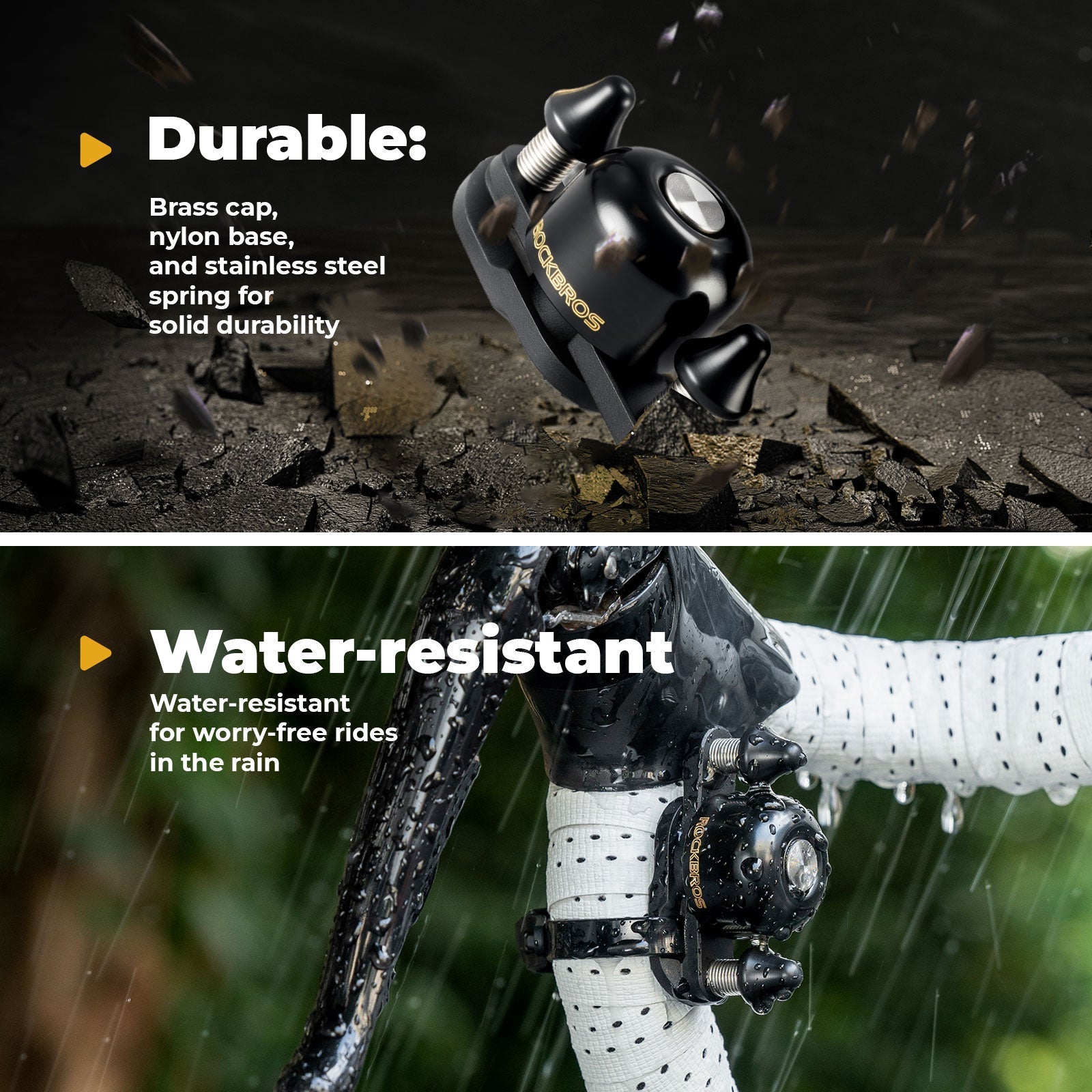 ROCKBROS dual hammer bike bell with loud, crisp sound and durable design for enhanced safety on busy roads.