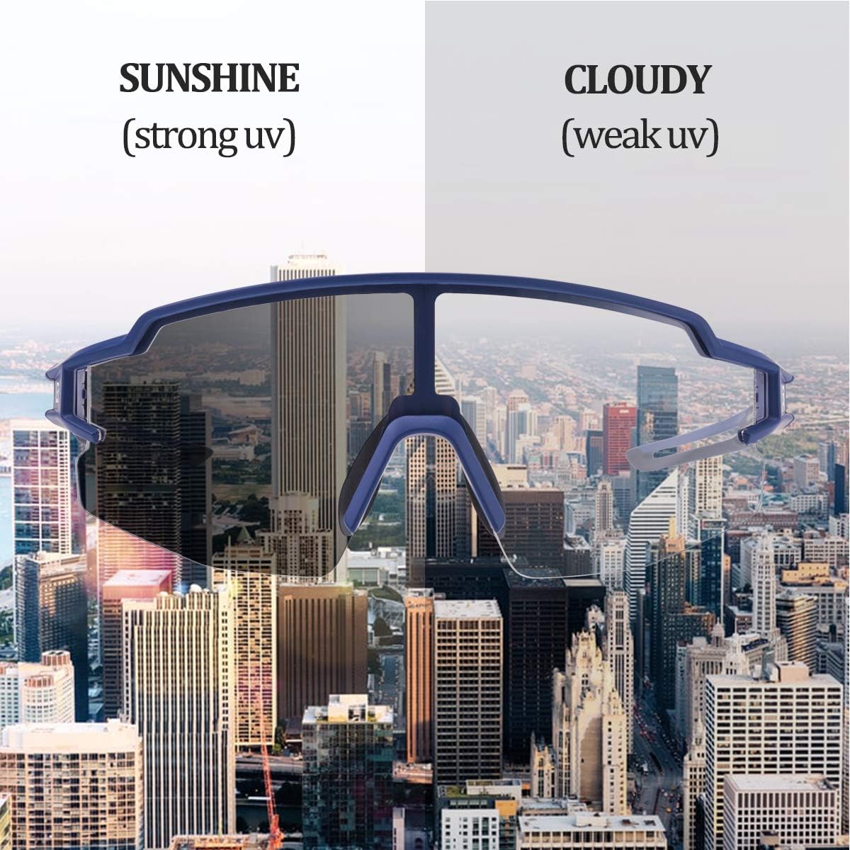 rockbros photochromic sunglasses with half frame design for outdoor #color_blue