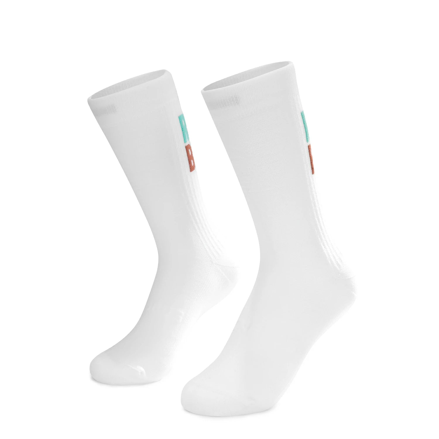 Pair of white socks with small colorful logos on a white background #color_white