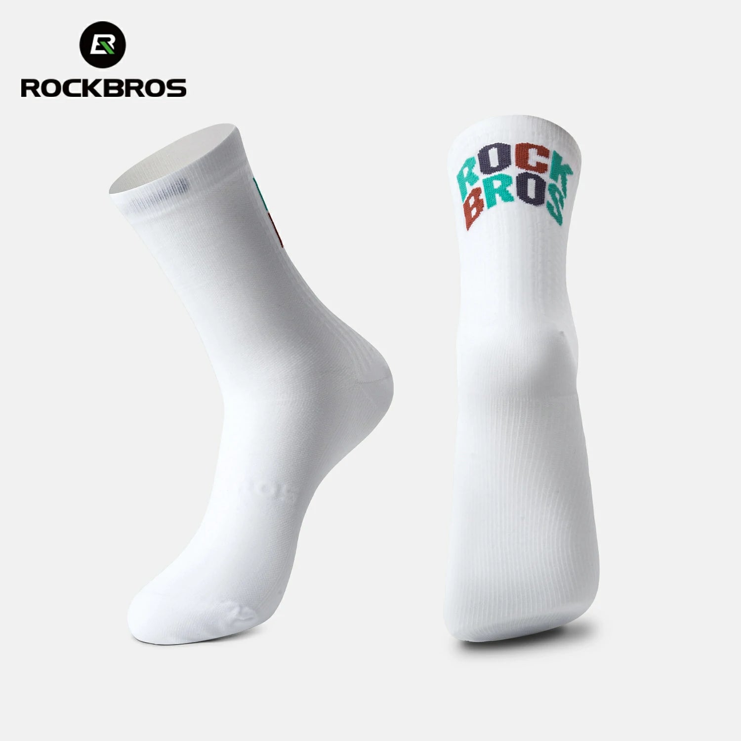 White socks with colorful 'RockBros' logo on a light gray background #color_white