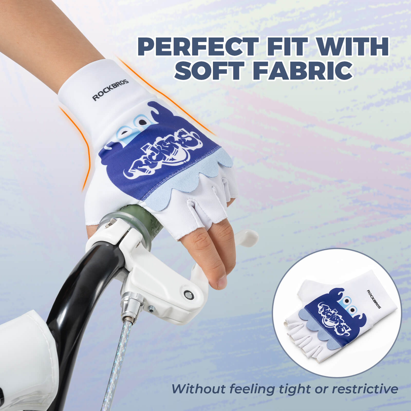 ROCKBROS kids half-finger cycling gloves featuring cute patterns for boys and girls.
#color_sky blue