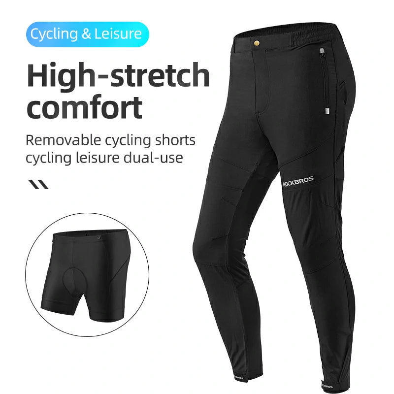 Black cycling pants with removable cycling shorts feature