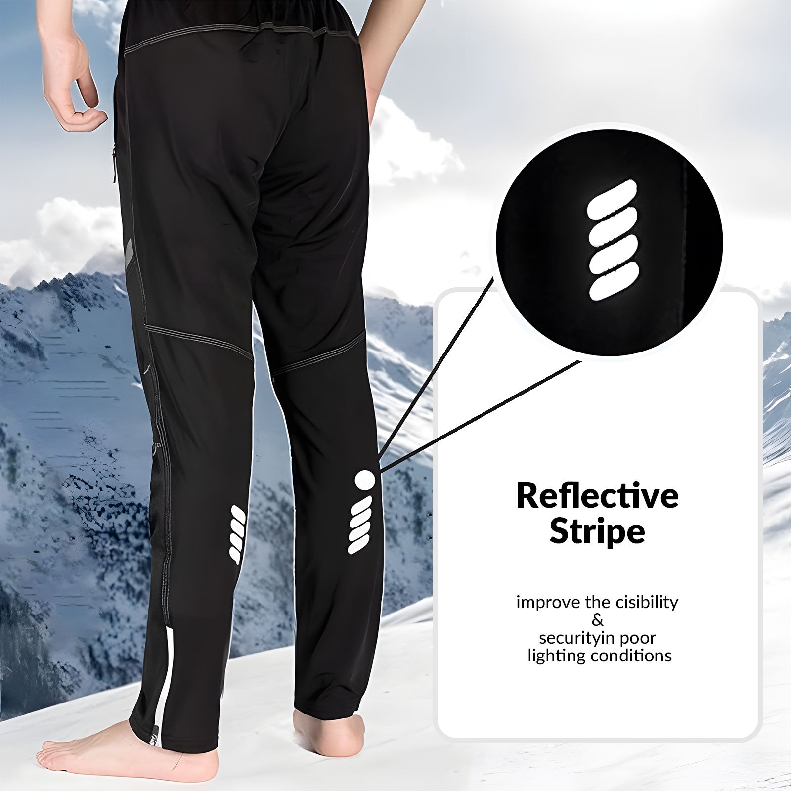Black pants with reflective stripes on a mountain background