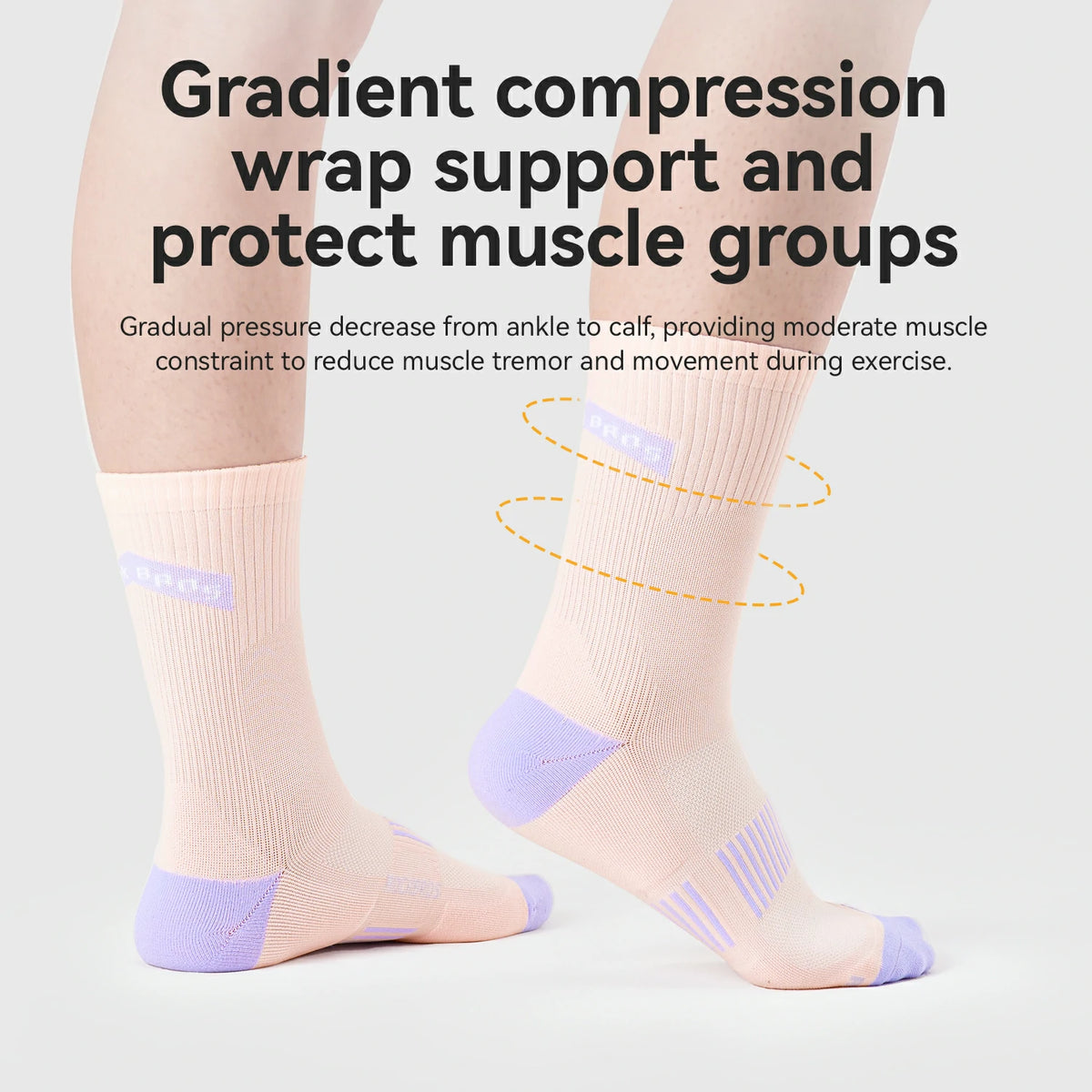 A person wearing ribbed ankle-to-calf compression socks with a pale peach body and light lavender heel/toe accents, shown against a light gray background with marketing text and a dashed spiral graphic explaining compression support.