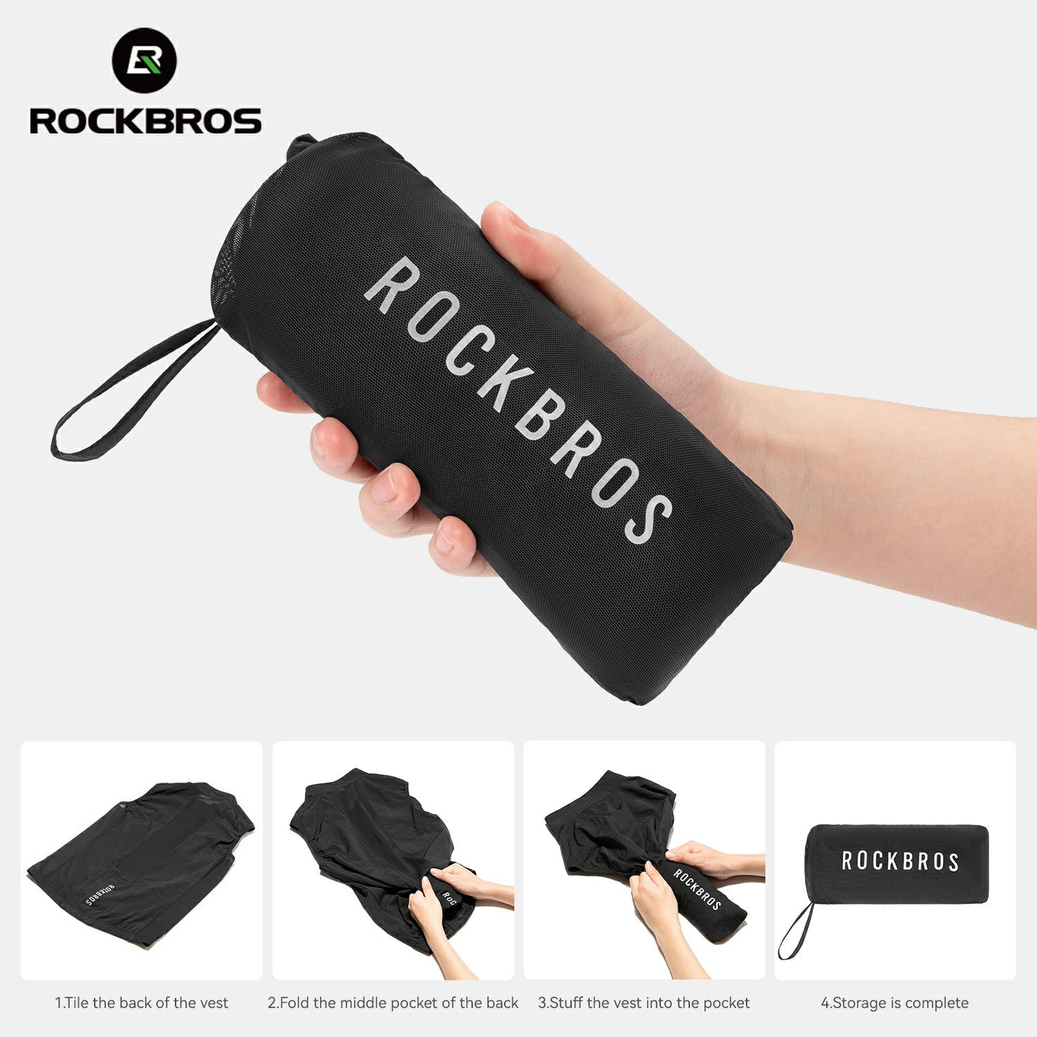 Black vest with 'ROCKBROS' branding held by a hand, with step-by-step instructions below.