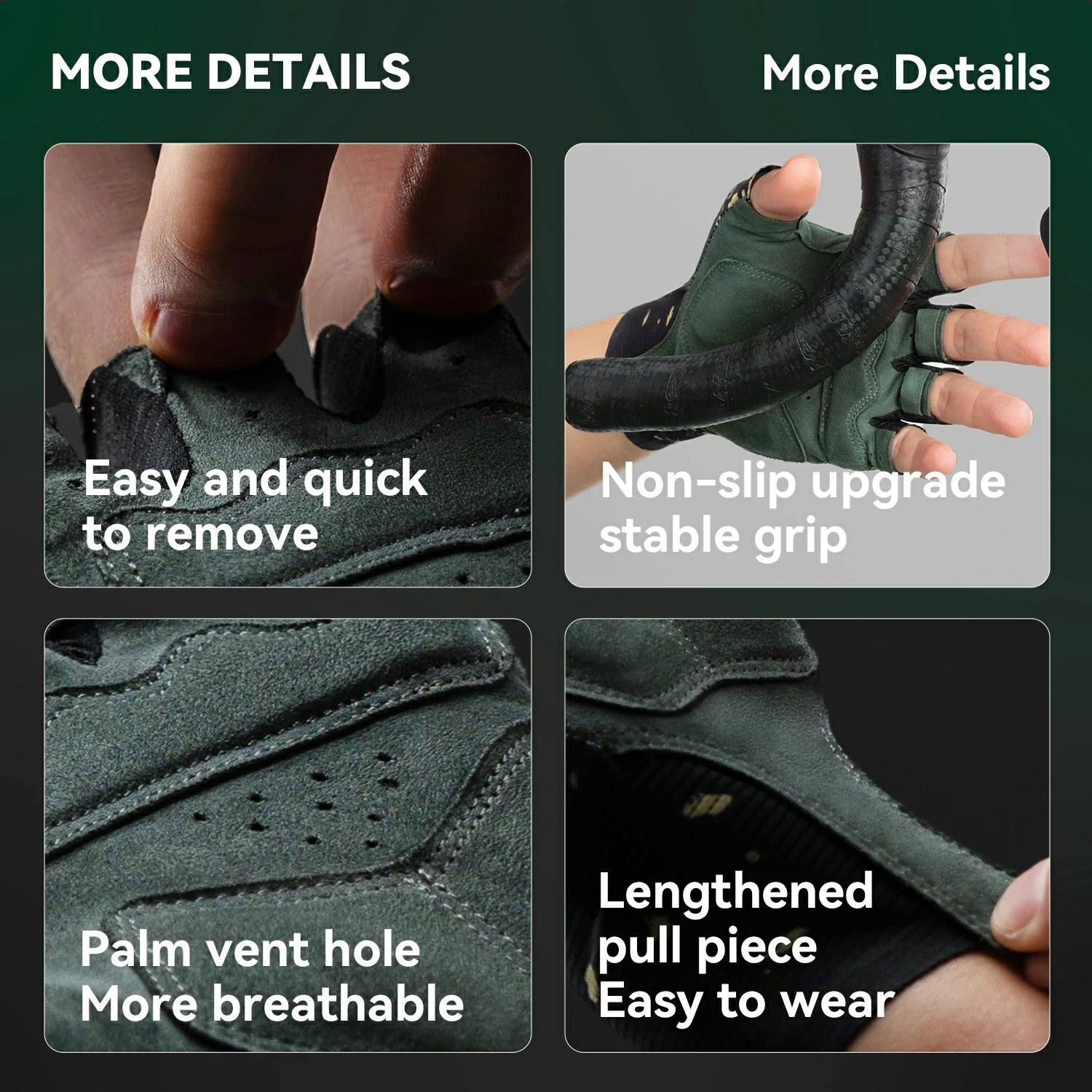 Glove features with text on ease of use, grip, breathability, and wearability.