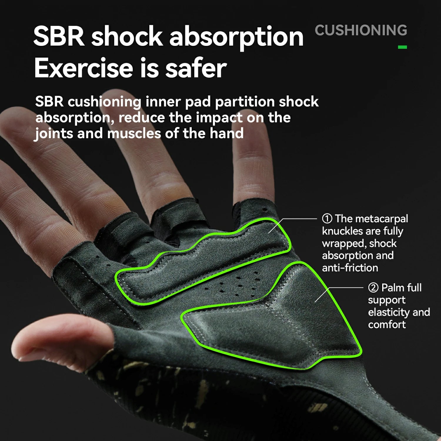 Glove with SBR shock absorption technology on a dark background