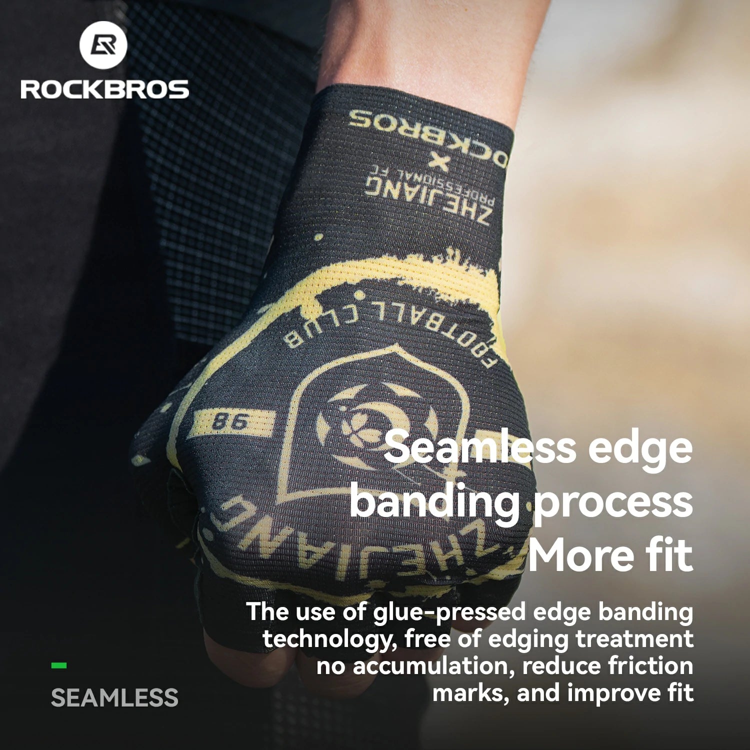 Black glove with gold text and branding, featuring the ROCKBROS logo.