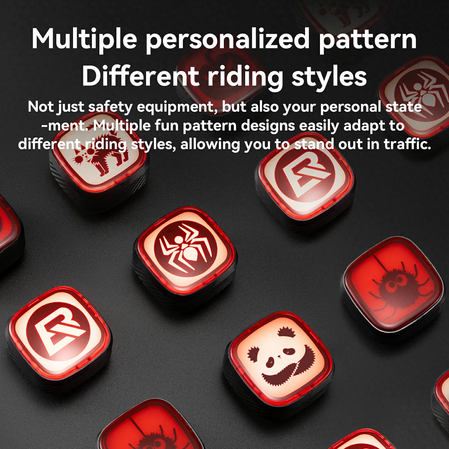 multiple personalized patterns for cycling taillights including panda and spider designs