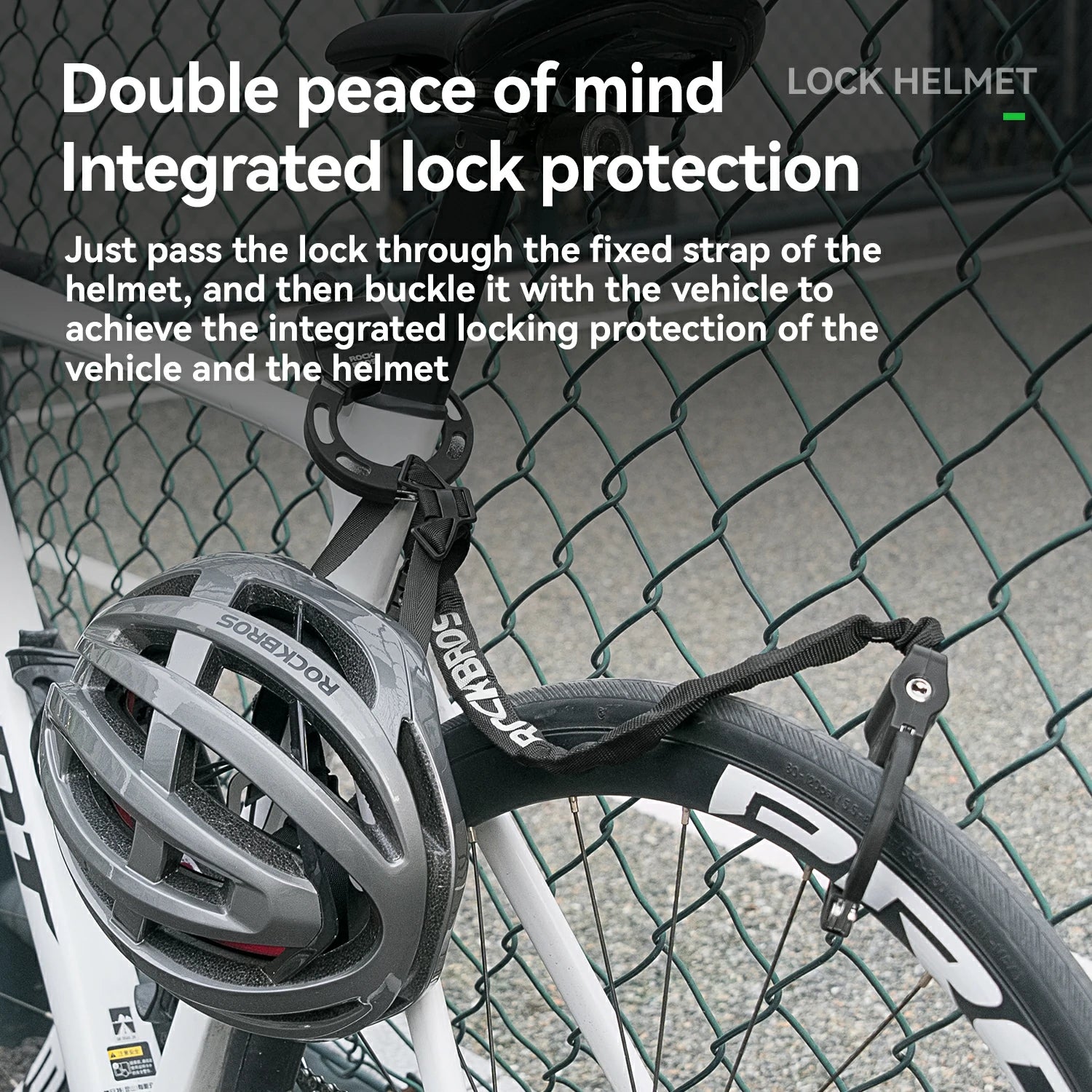 Bicycle helmet with integrated lock mechanism attached to a bicycle, with text highlighting security feature.