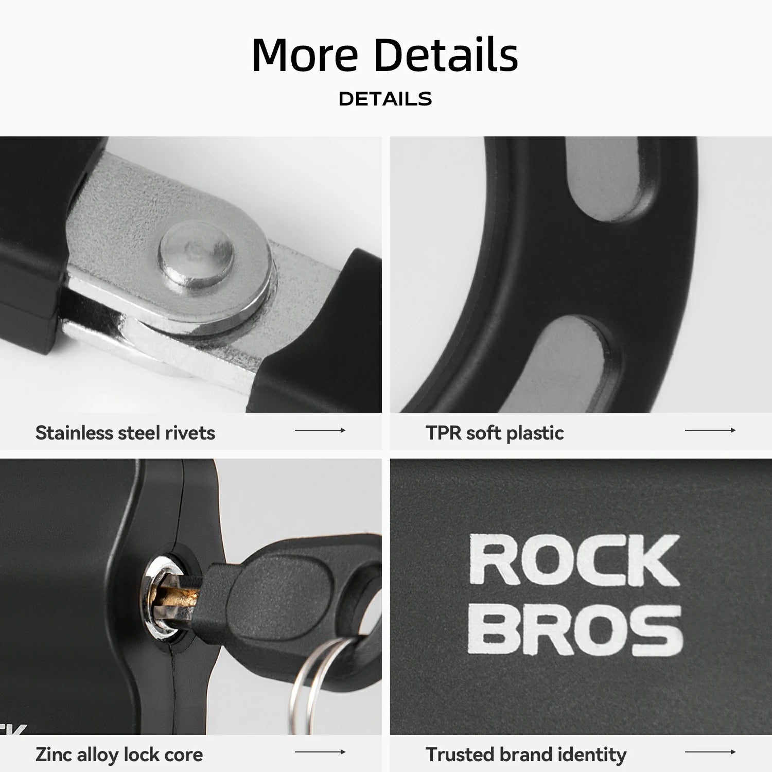 Product details of a lock with stainless steel rivets, TPR soft plastic, zinc alloy lock core, and Rock Bros branding.