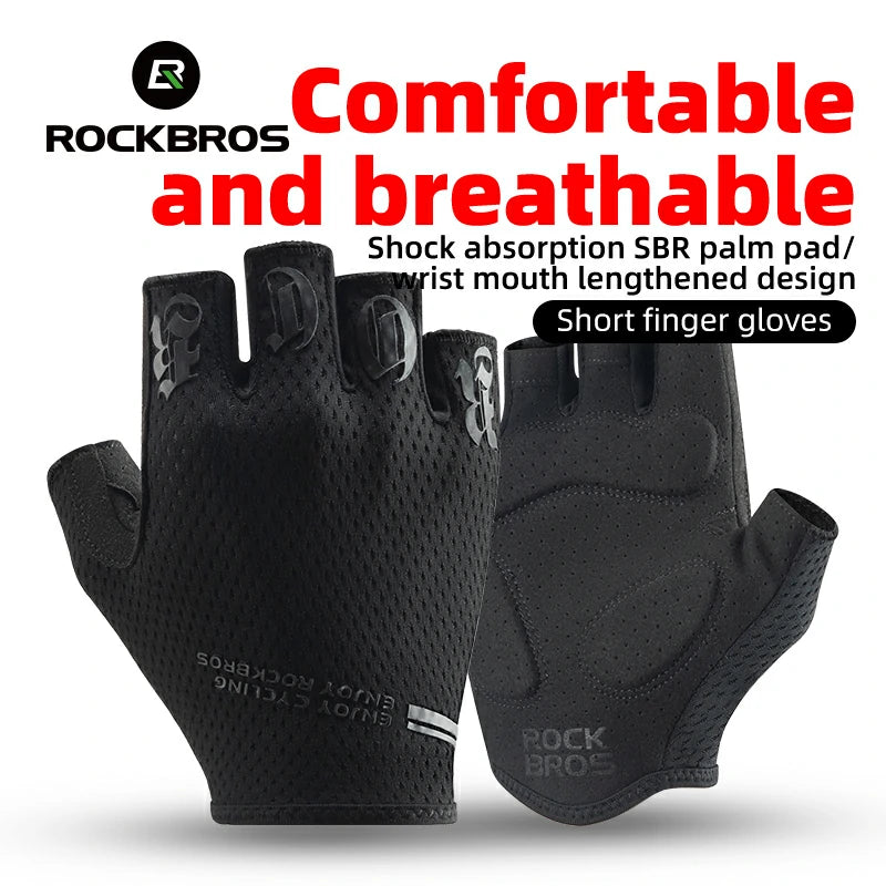 Black short finger gloves with text highlighting features on a white background #color_black