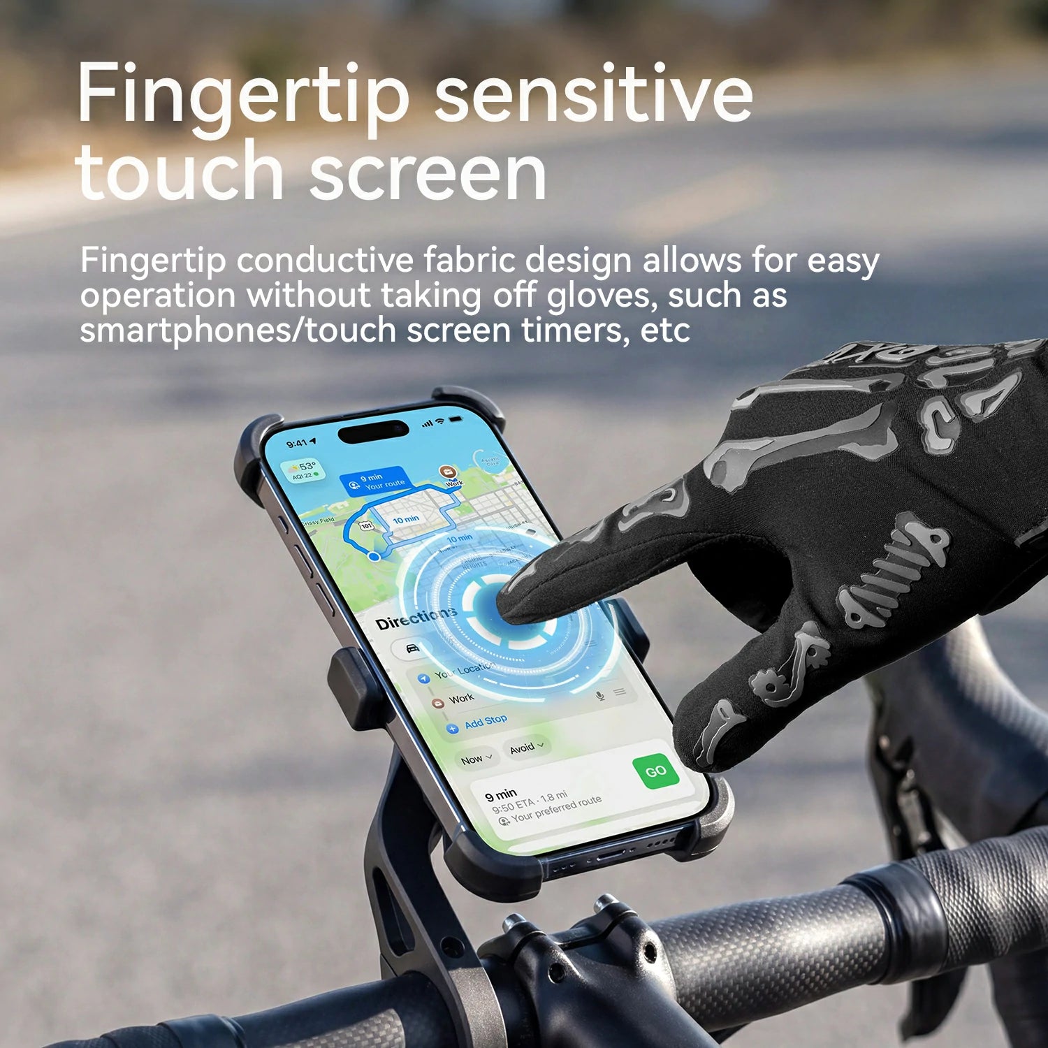 A black fingertip-sensitive touch screen phone mount holding a smartphone, shown attached to a bicycle handlebar with a gloved hand touching the screen. White text at the top explains the fingertip sensitive touch screen feature.