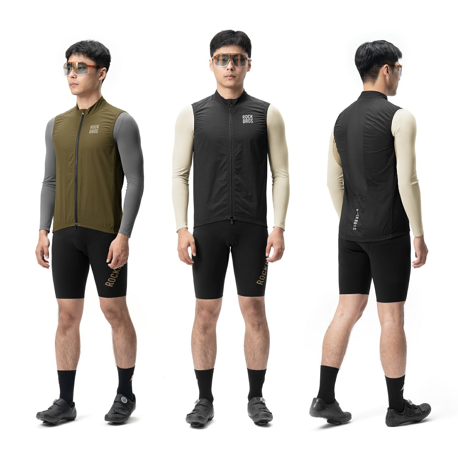 Three views of a person wearing a cycling outfit with a vest, long-sleeve shirt, and shorts on a white background.