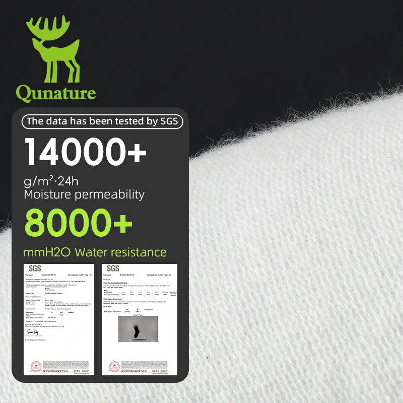 Qunature fabric label with moisture permeability and water resistance details on a white fabric background