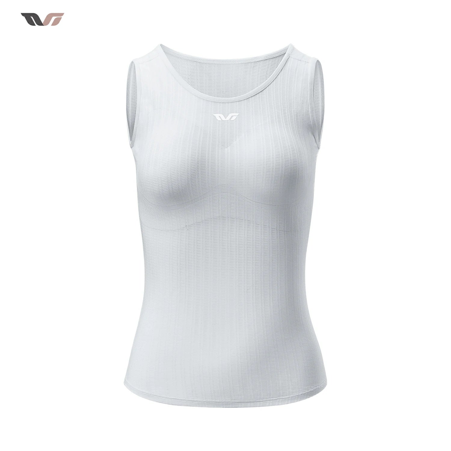 A white sleeveless athletic tank top with a scoop neck and subtle vertical ribbing, shown on a plain white background with a small brand logo in the top-left corner. #Color_White