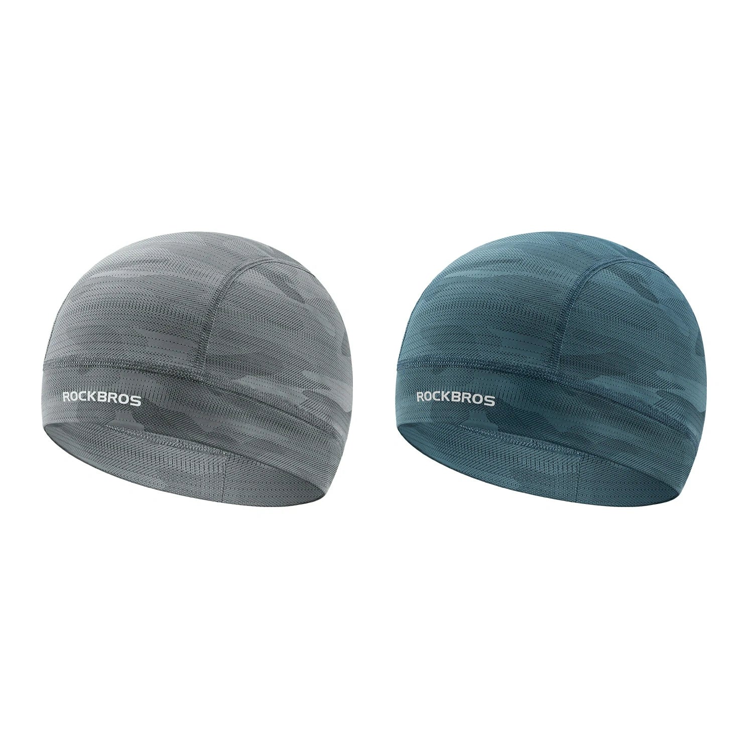 Two hats, one gray and one teal, with 'RockBros' branding on a white background. #Color_Gray Color2_Blue2
