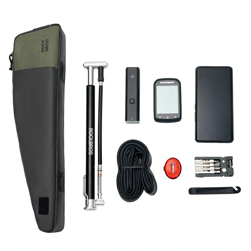 Collection of cycling tools and accessories on a white background