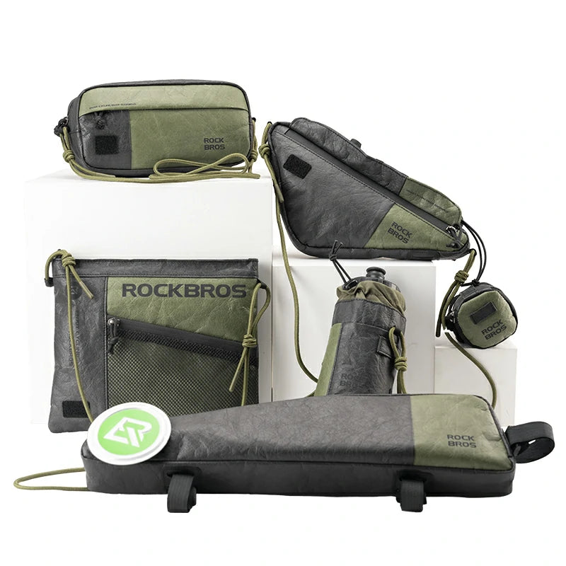 Set of green and gray bags with 'RockBros' branding on a white background
