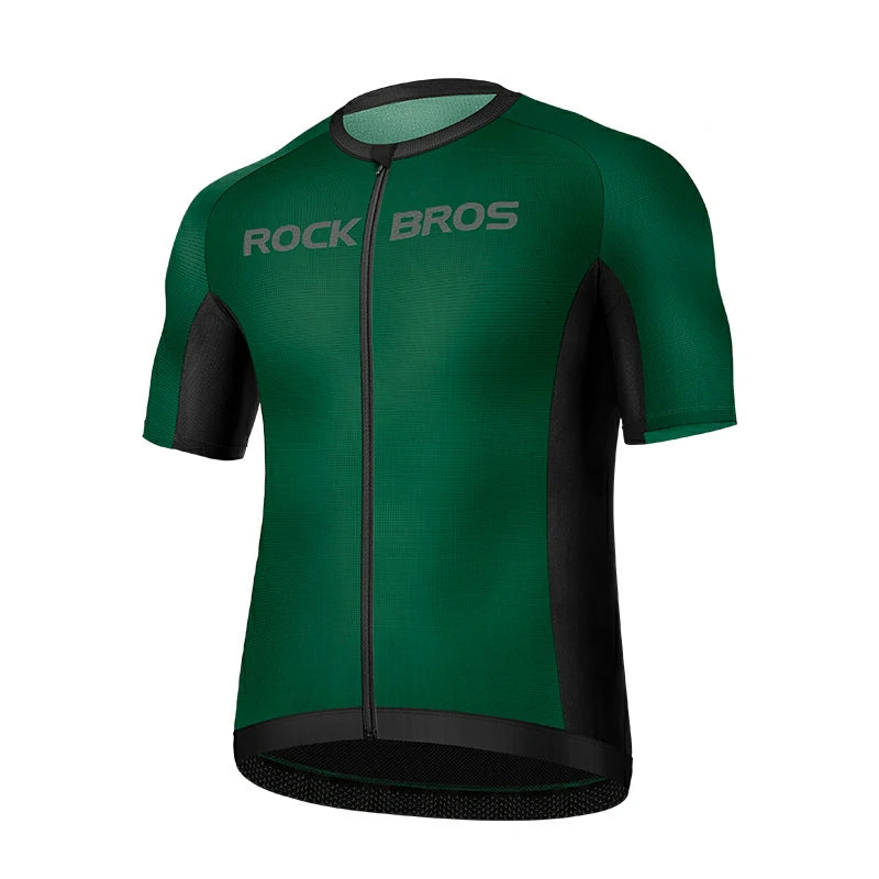 Green cycling jersey with black sleeves and collar on a white background, featuring 'Rock Bros' branding. #Color_Green