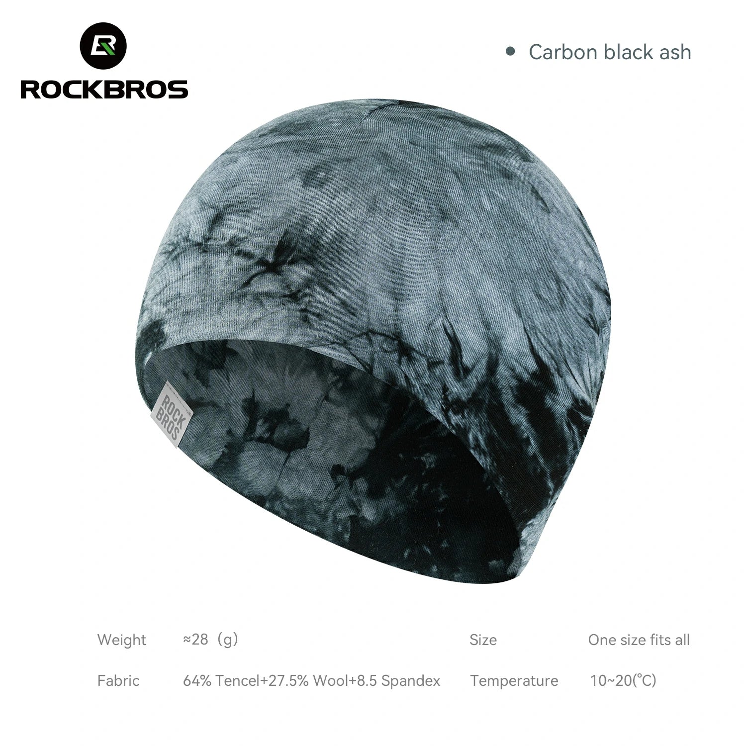 A beanie-style hat by ROCKBROS in a carbon black ash tie-dye pattern, shown on a white background with product specifications and fabric details printed around it. #Color_Gray