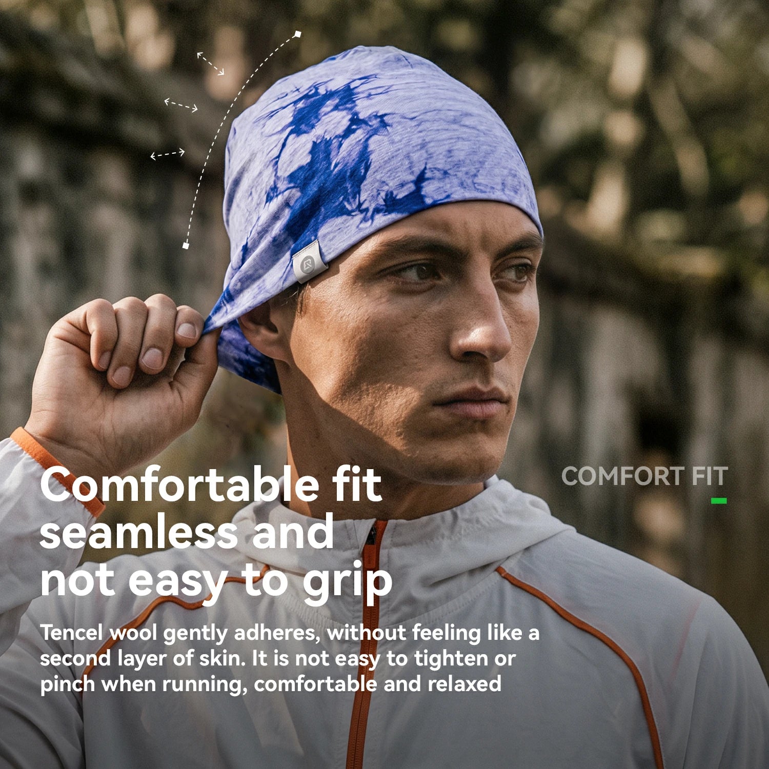 A man wearing a blue and white patterned running headband in an outdoor setting, with text overlays highlighting the headband's comfort and fit.