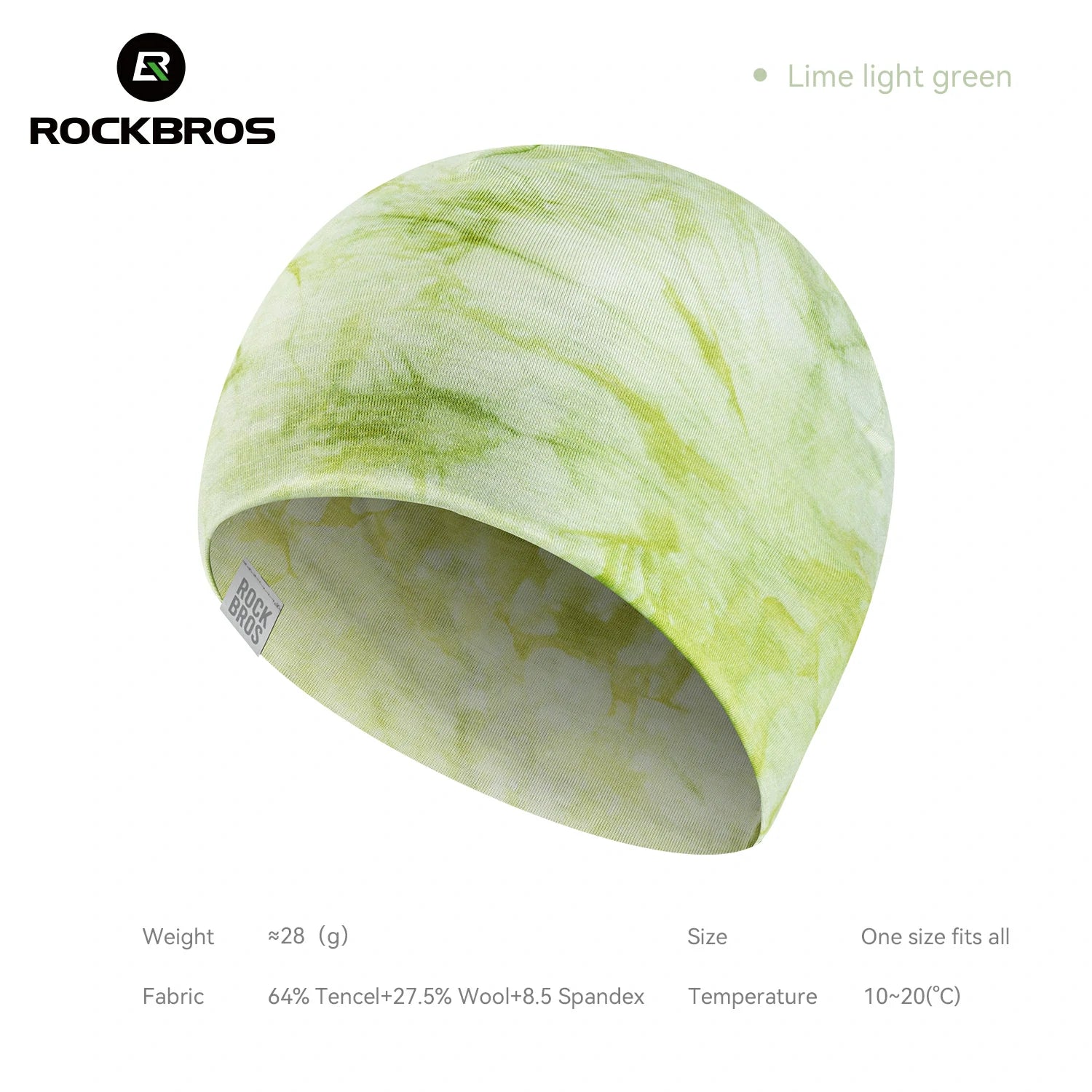 A lime light green marbled beanie hat by Rockbros, displayed on a clean white background with product specifications printed below. #Color_Green
